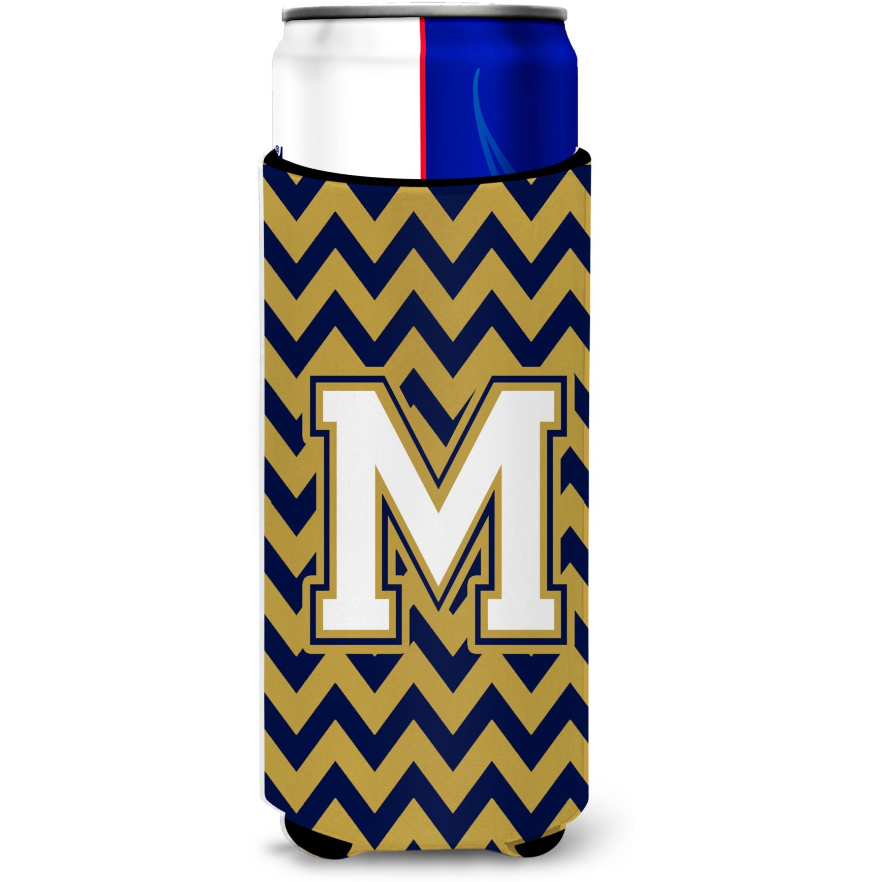 Letter M Chevron Navy Blue and Gold Ultra Beverage Insulators for slim cans CJ1057-MMUK