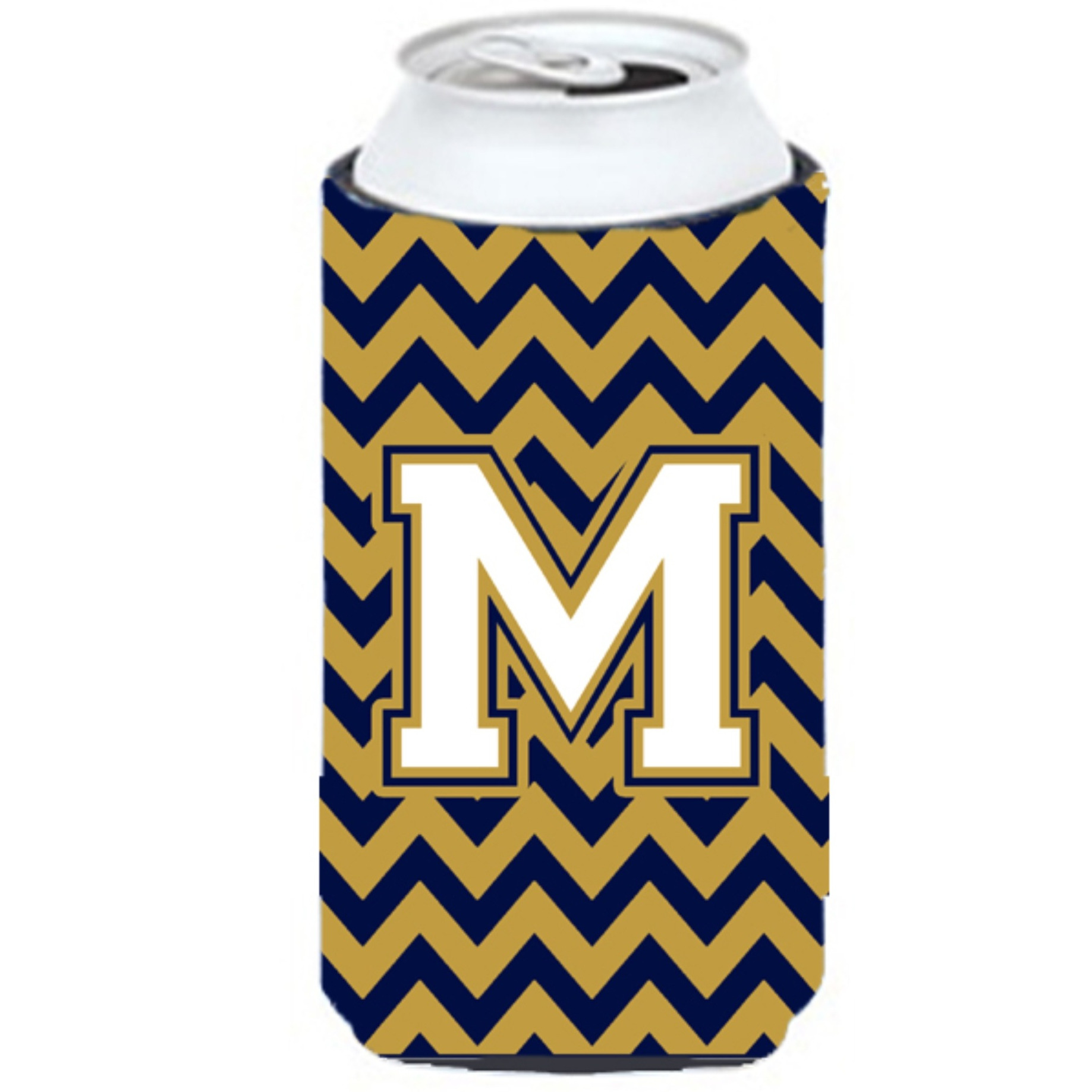 Letter M Chevron Navy Blue and Gold Tall Boy Beverage Insulator Hugger CJ1057-MTBC