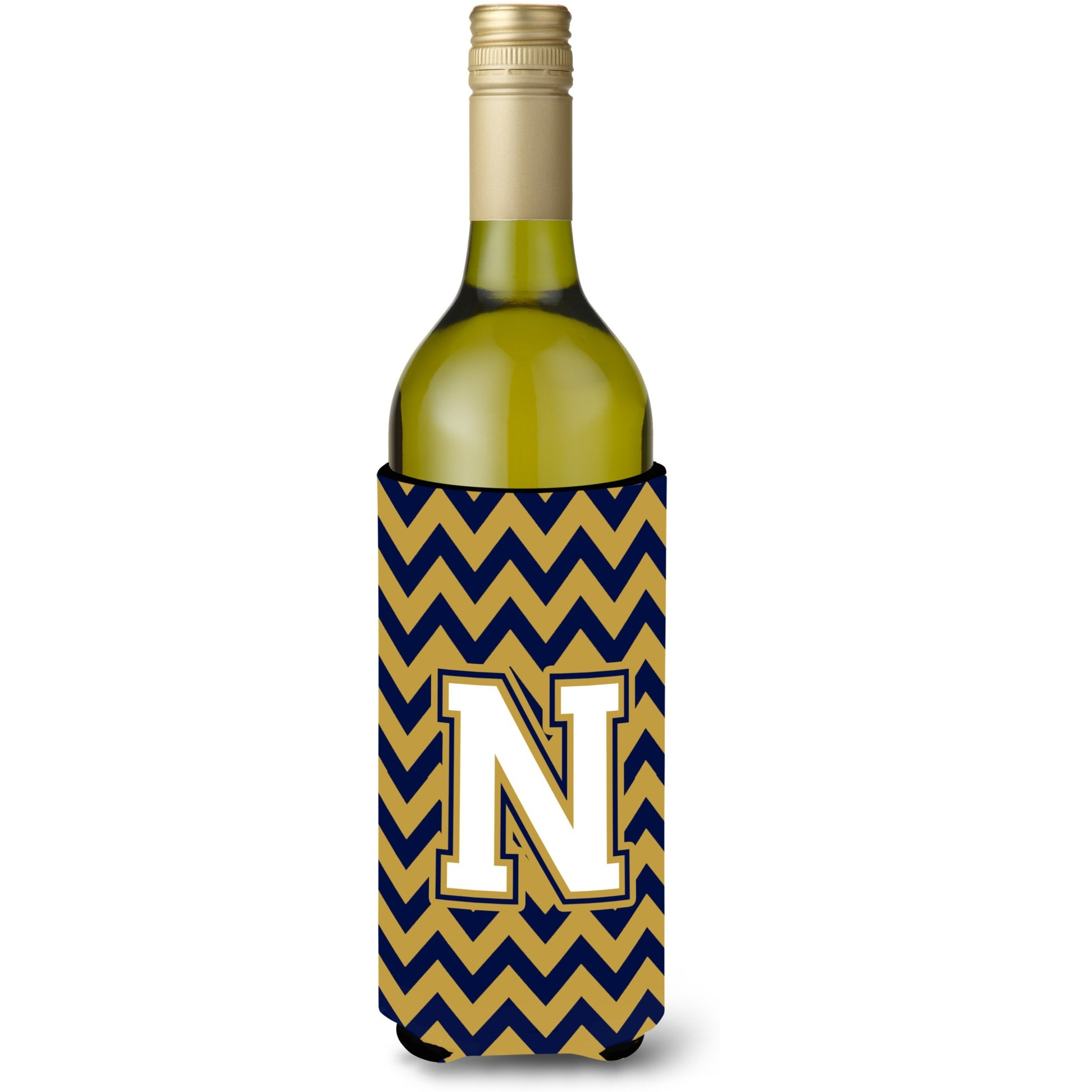 Letter N Chevron  Navy Blue and Gold Wine Bottle Beverage Insulator Hugger CJ1057-NLITERK