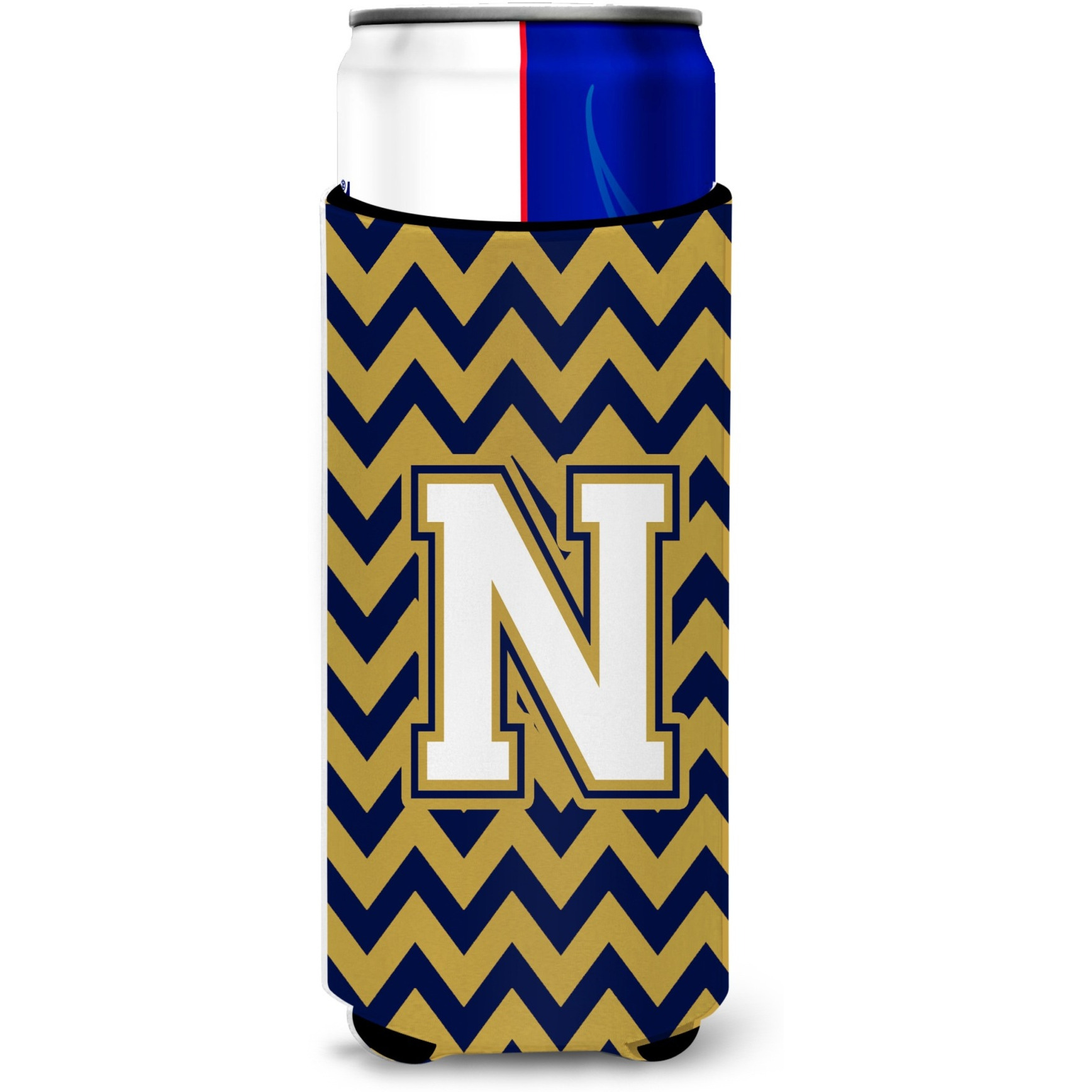 Letter N Chevron Navy Blue and Gold Ultra Beverage Insulators for slim cans CJ1057-NMUK