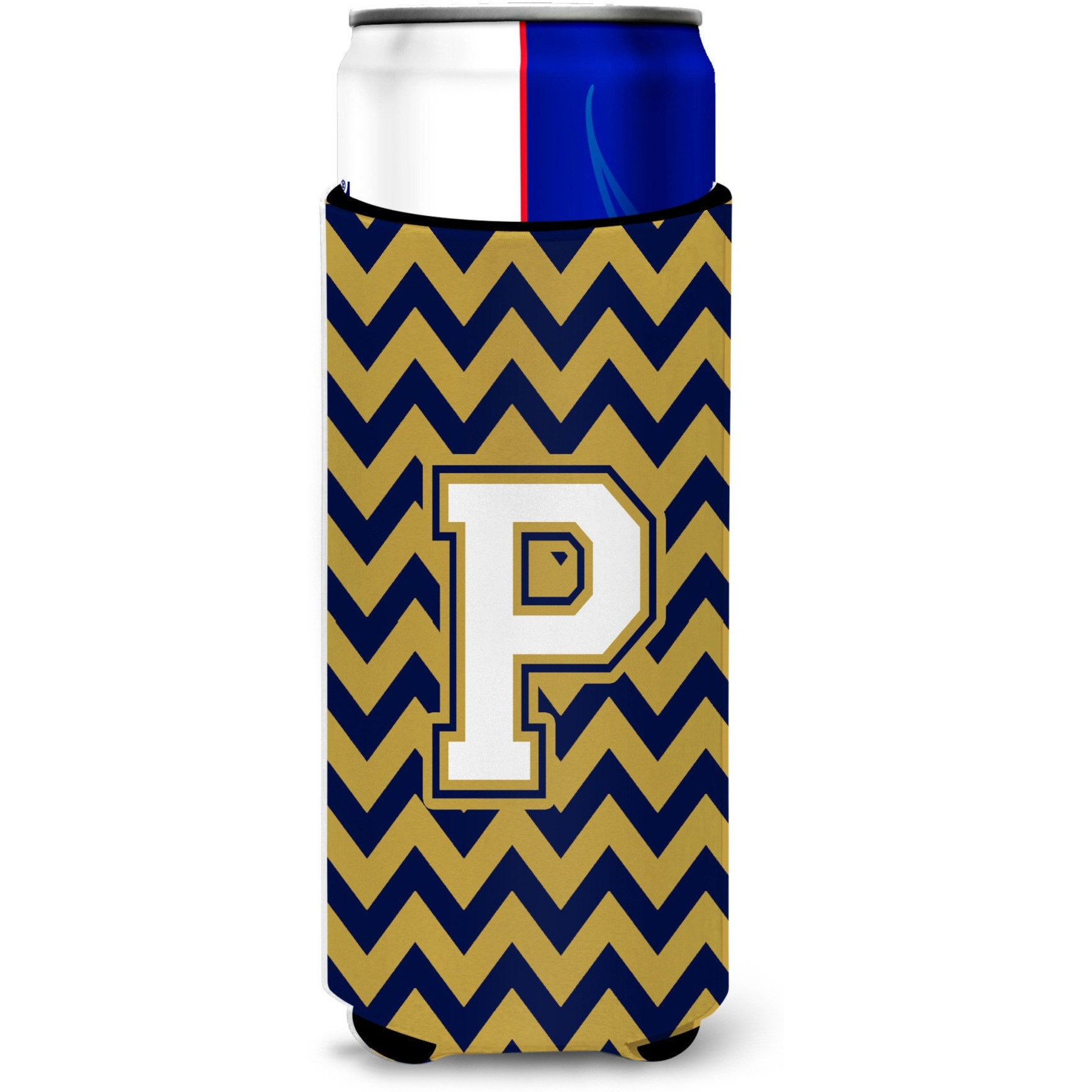 Letter P Chevron Navy Blue and Gold Ultra Beverage Insulators for slim cans CJ1057-PMUK
