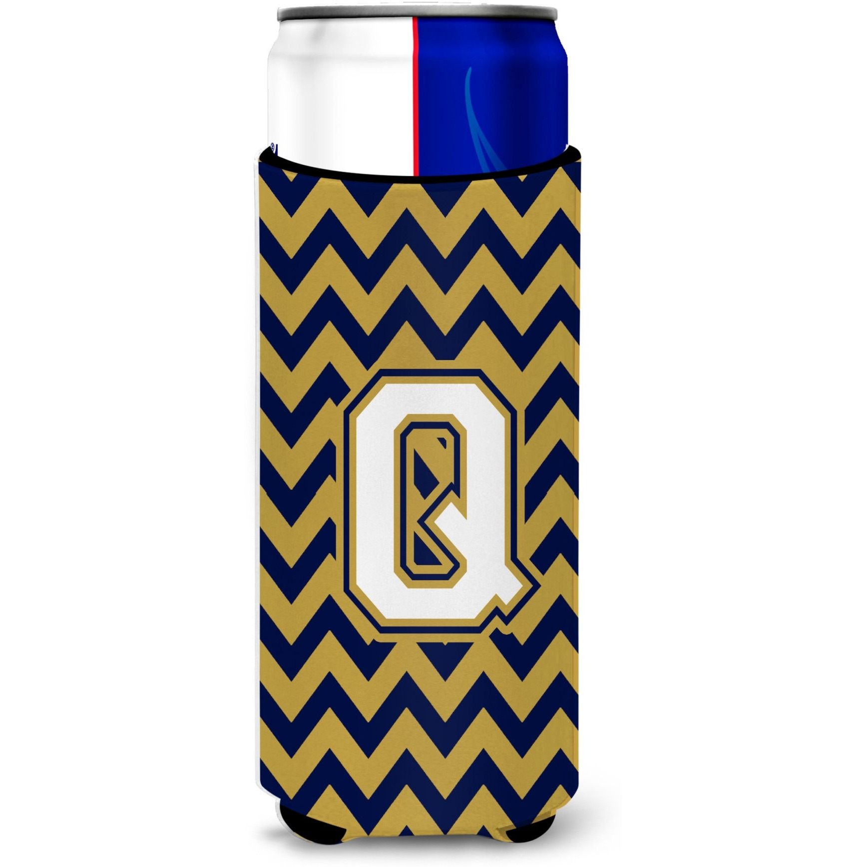 Letter Q Chevron Navy Blue and Gold Ultra Beverage Insulators for slim cans CJ1057-QMUK