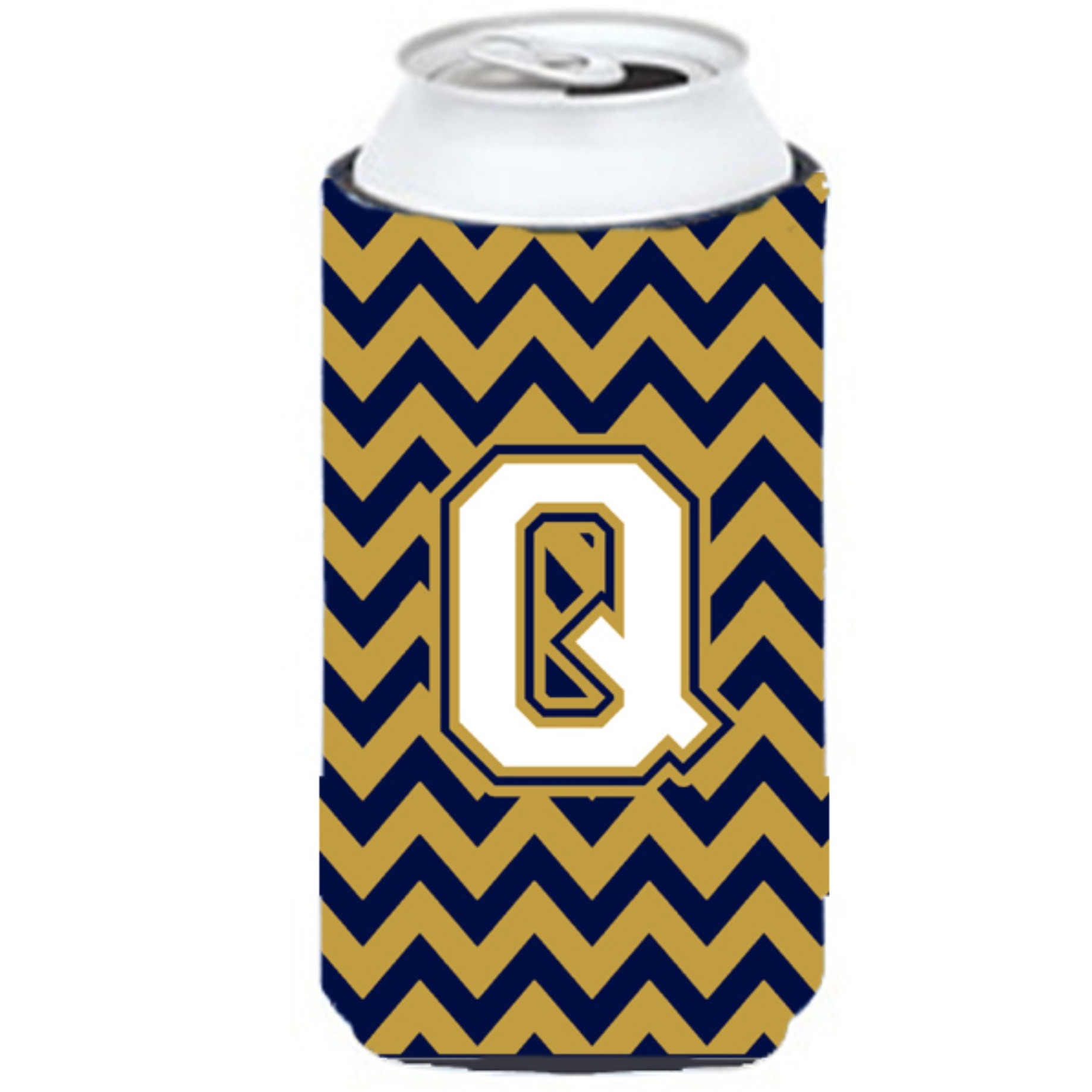 Letter Q Chevron Navy Blue and Gold Tall Boy Beverage Insulator Hugger CJ1057-QTBC