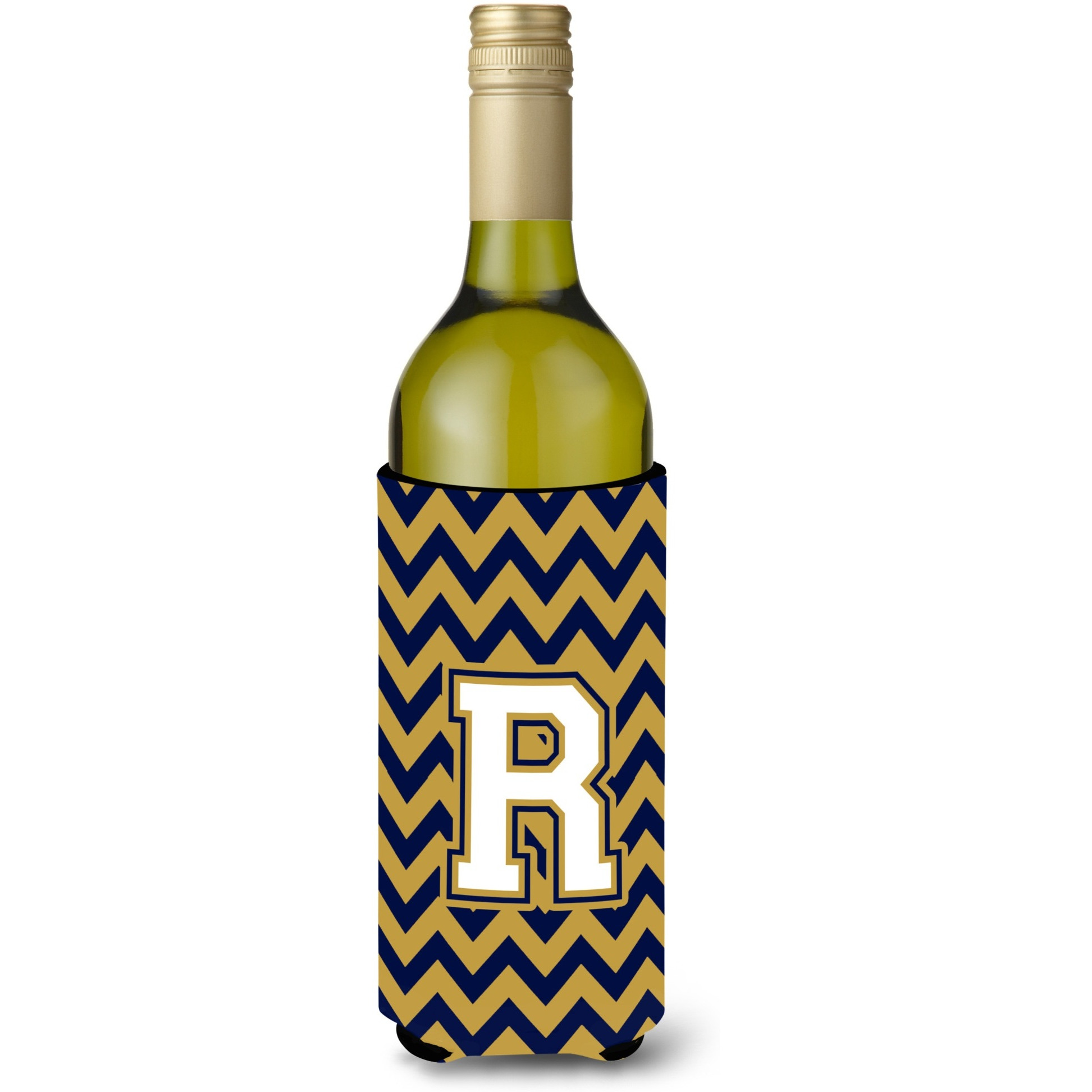 Letter R Chevron Navy Blue and Gold Wine Bottle Beverage Insulator Hugger CJ1057-RLITERK