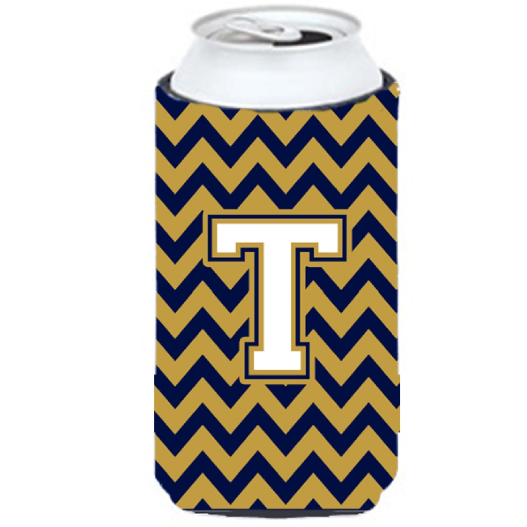 Letter T Chevron Navy Blue and Gold Tall Boy Beverage Insulator Hugger CJ1057-TTBC