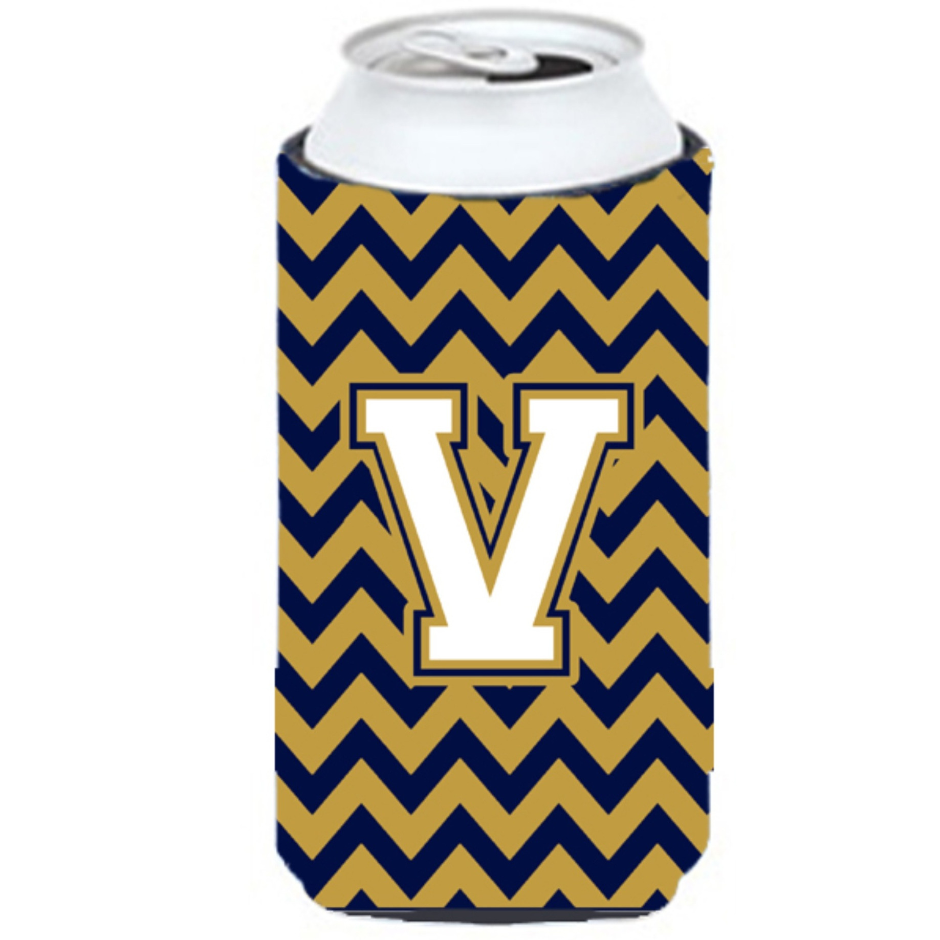 Letter V Chevron Navy Blue and Gold Tall Boy Beverage Insulator Hugger CJ1057-VTBC