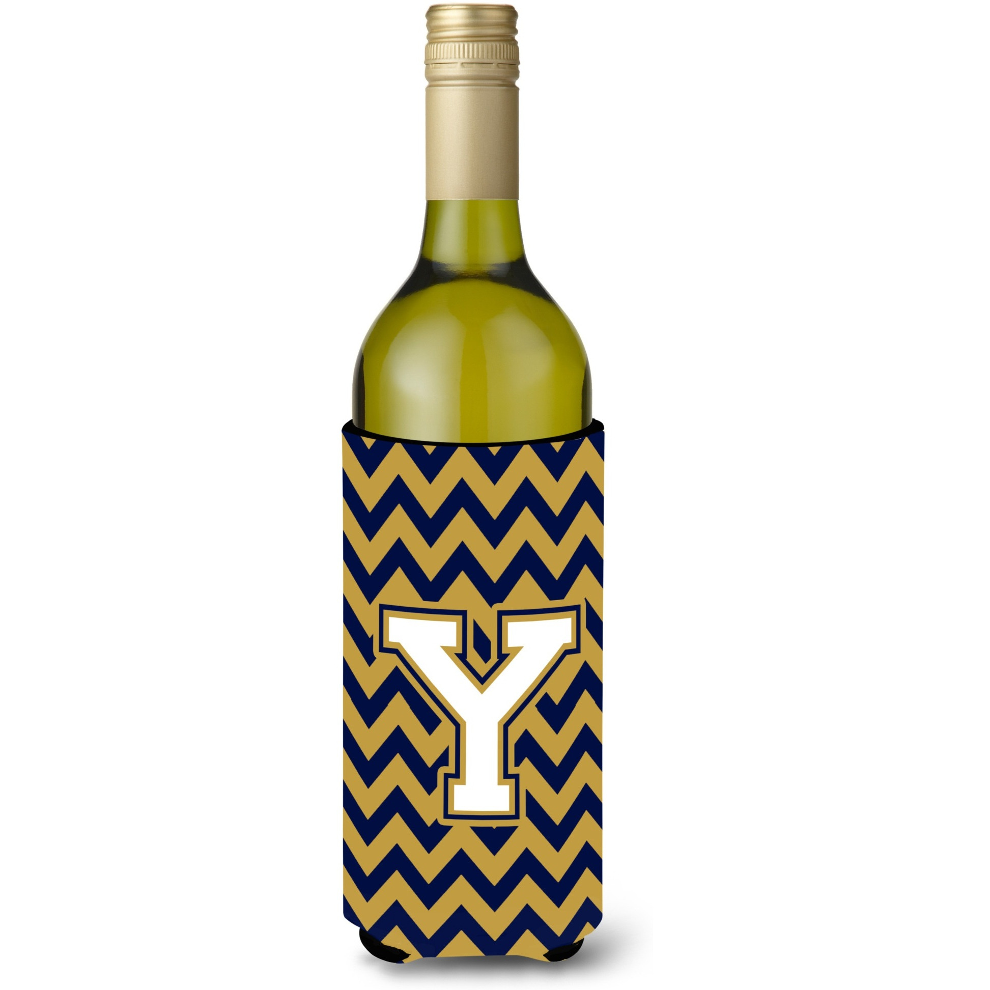 Letter Y Chevron  Navy Blue and Gold Wine Bottle Beverage Insulator Hugger CJ1057-YLITERK
