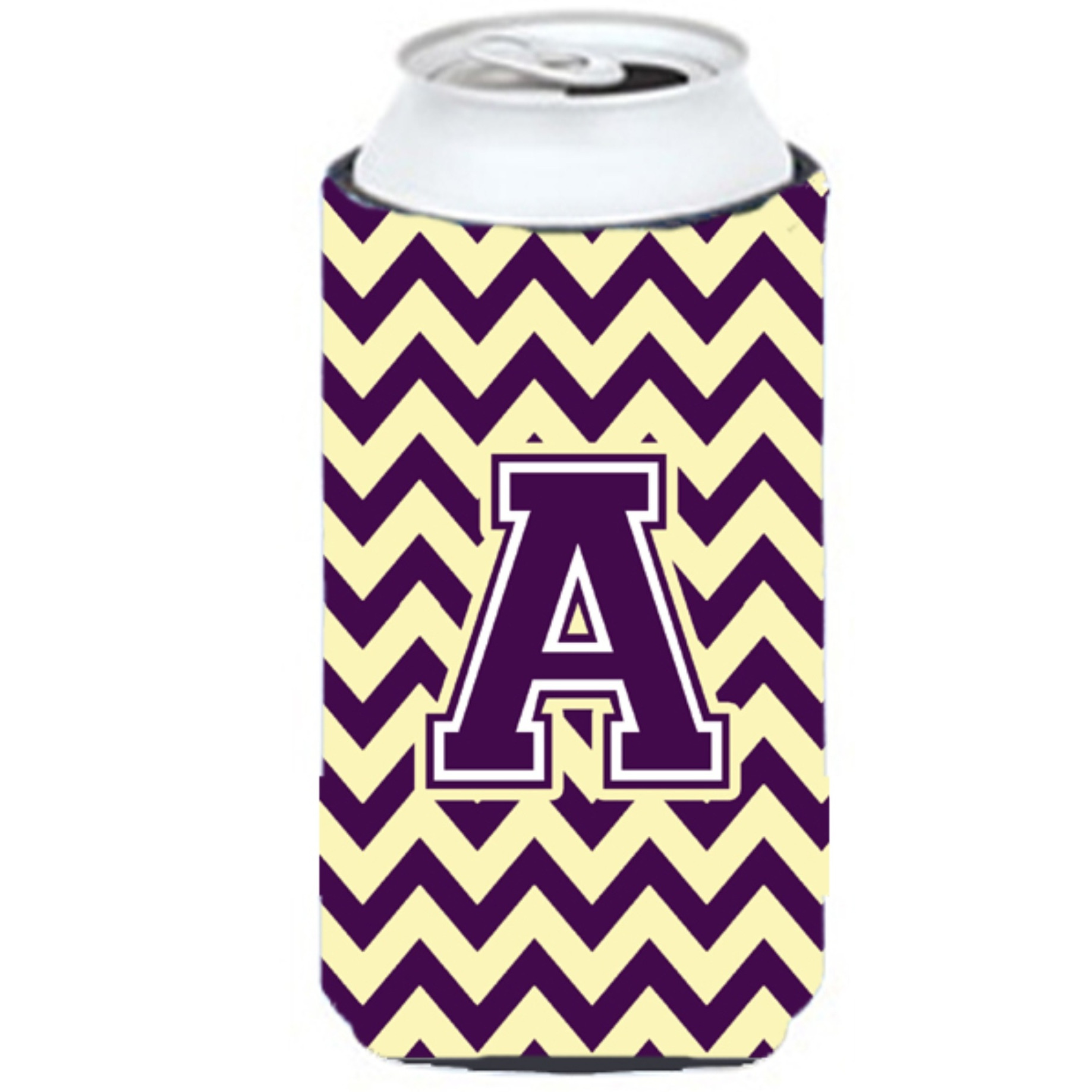 Letter A Chevron Purple and Gold Tall Boy Beverage Insulator Hugger CJ1058-ATBC
