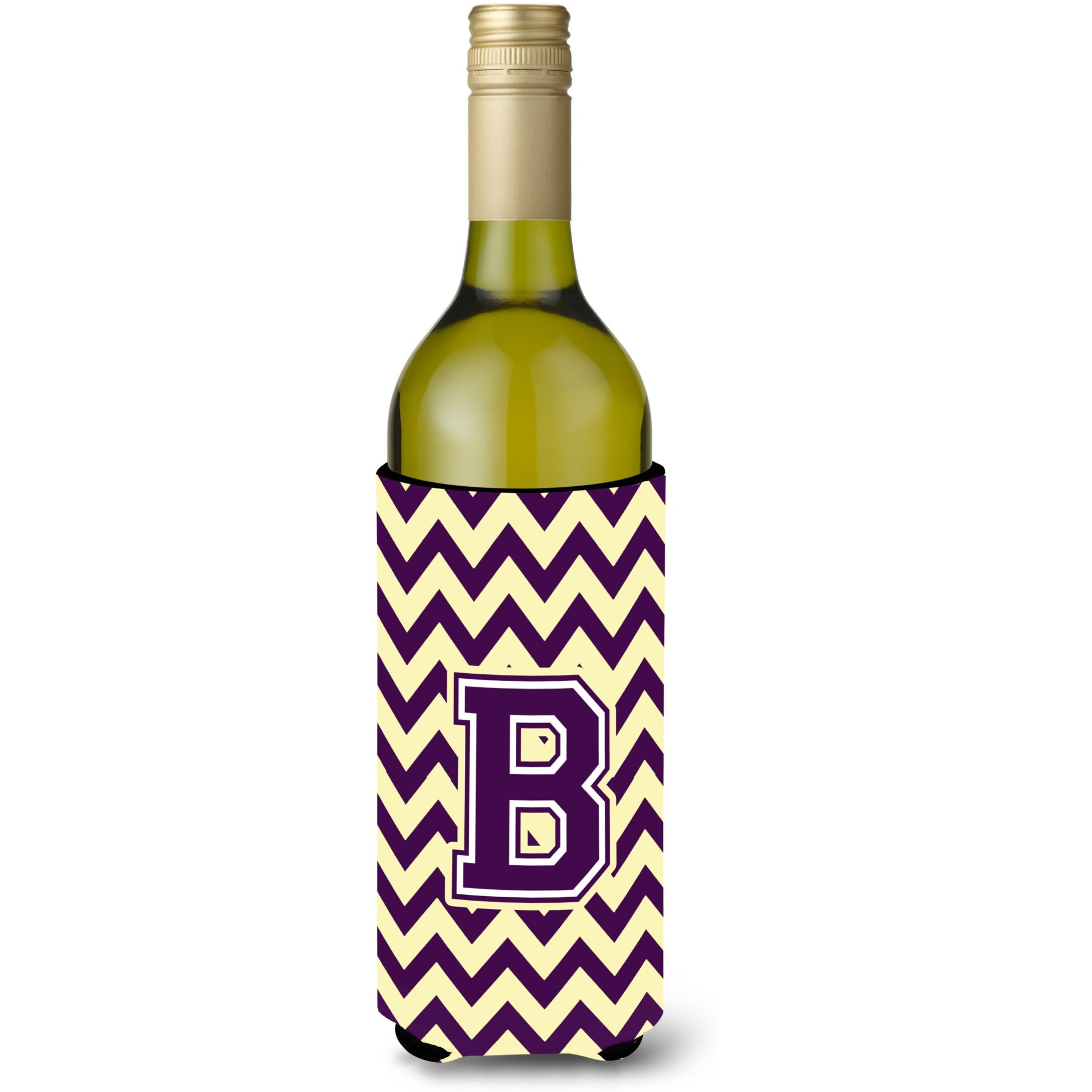 Letter B Chevron Purple and Gold Wine Bottle Beverage Insulator Hugger CJ1058-BLITERK