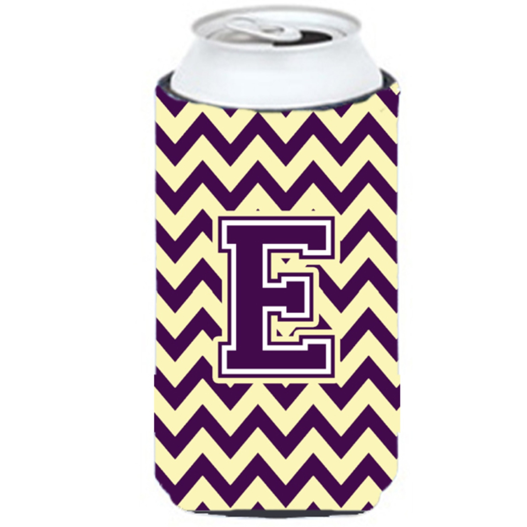 Letter E Chevron Purple and Gold Tall Boy Beverage Insulator Hugger CJ1058-ETBC
