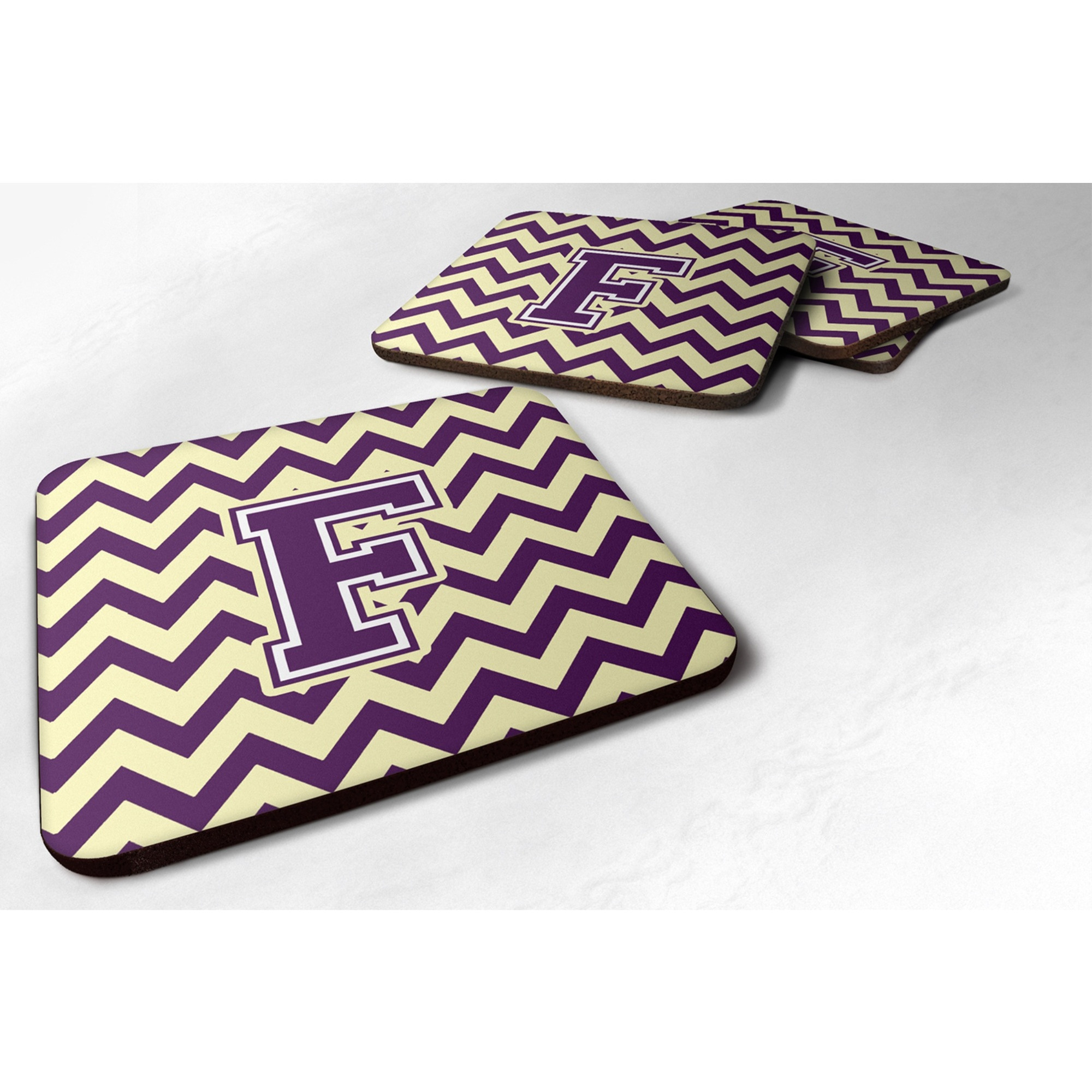 &quotCaroline's Treasures CJ1058-FFC Letter F Chevron Purple and Gold Foam Coaster (Set of 4), 3.5"", Multicolor"