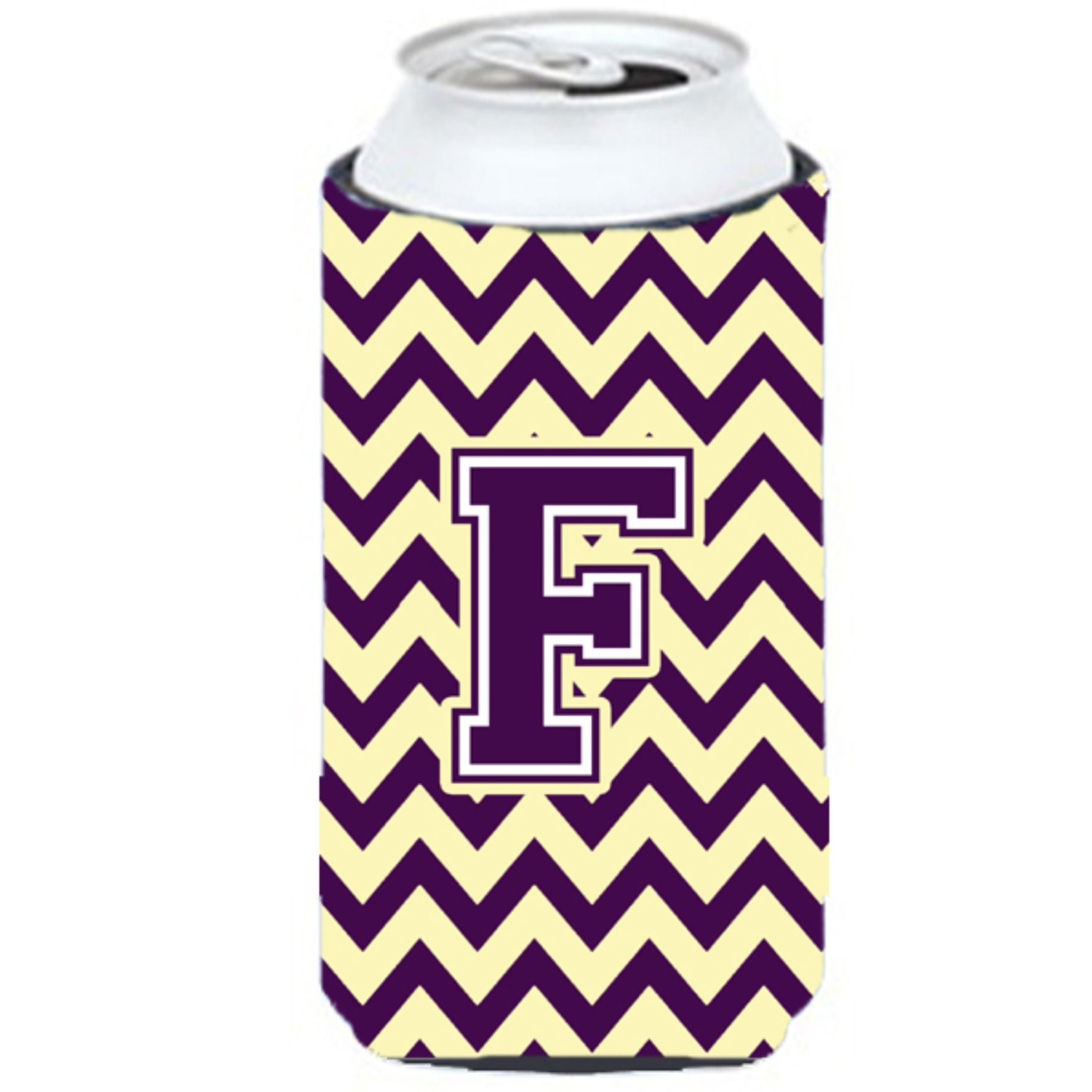 Letter F Chevron Purple and Gold Tall Boy Beverage Insulator Hugger CJ1058-FTBC