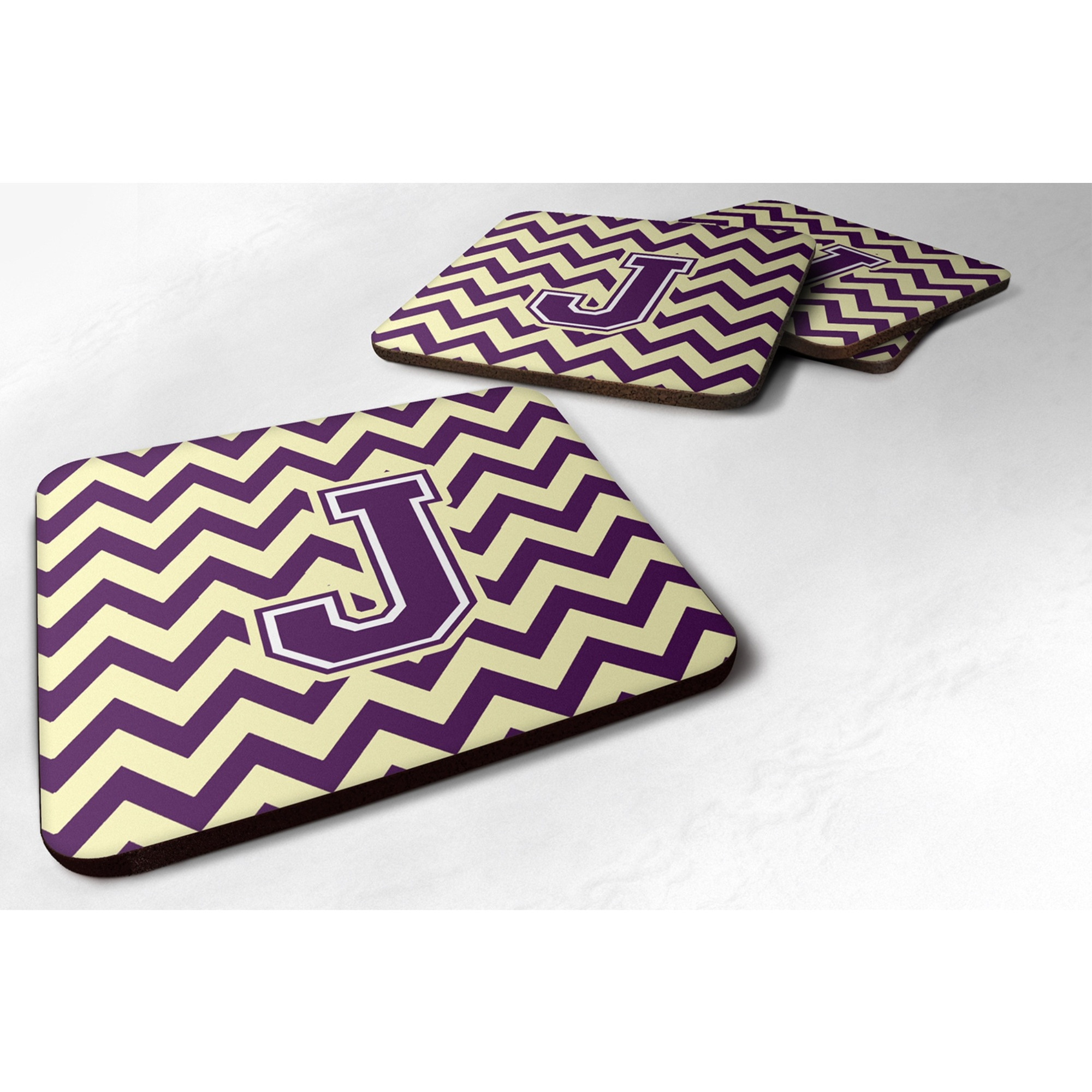 &quotCaroline's Treasures CJ1058-JFC Letter J Chevron Purple and Gold Foam Coaster (Set of 4), 3.5"", Multicolor"