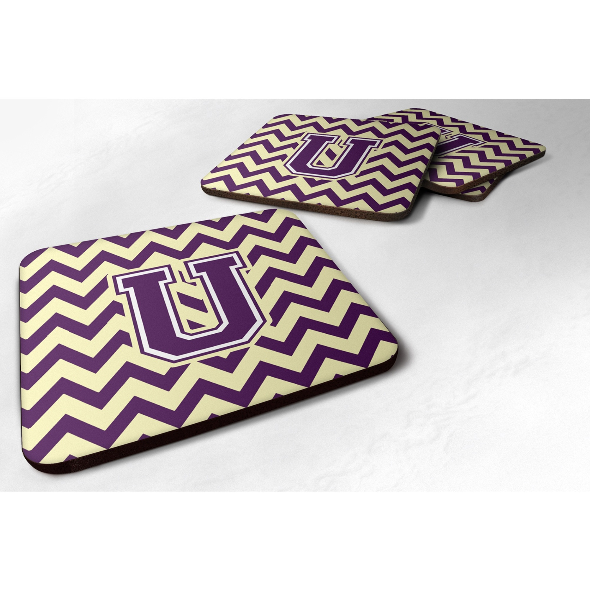 &quotCaroline's Treasures CJ1058-UFC Letter U Chevron Purple and Gold Foam Coaster (Set of 4), 3.5"", Multicolor"