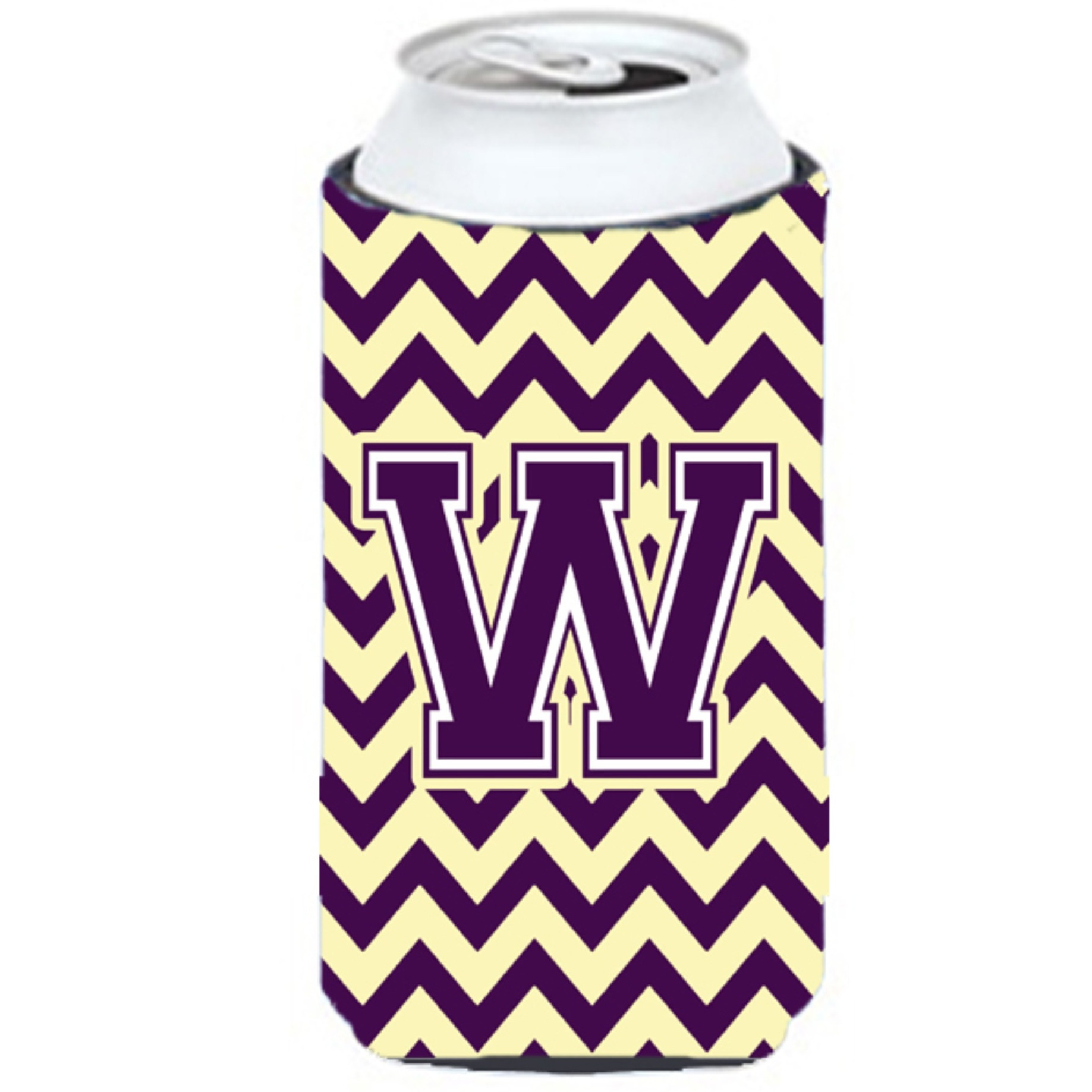 Letter W Chevron Purple and Gold Tall Boy Beverage Insulator Hugger CJ1058-WTBC