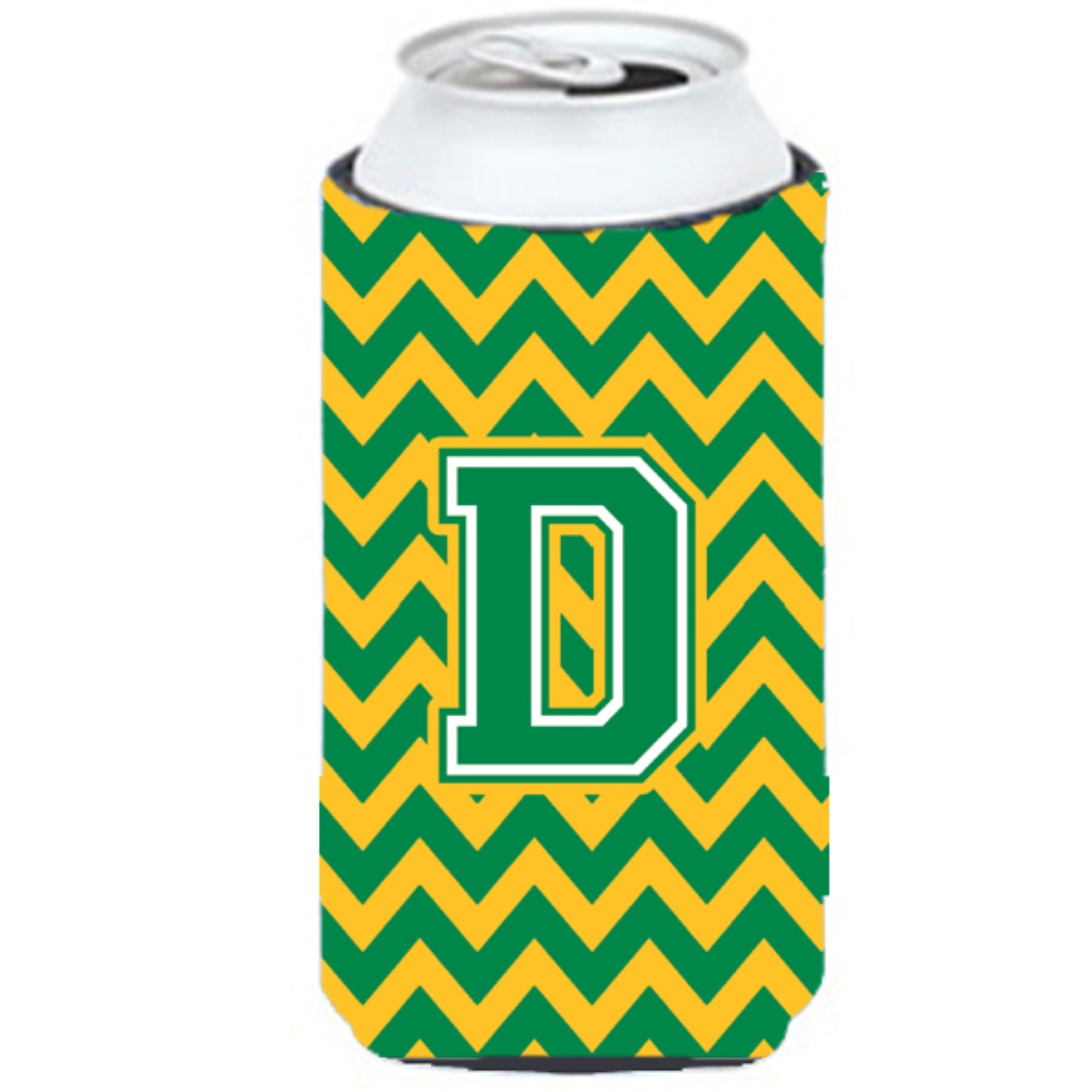 Letter D Chevron Green and Gold Tall Boy Beverage Insulator Hugger CJ1059-DTBC