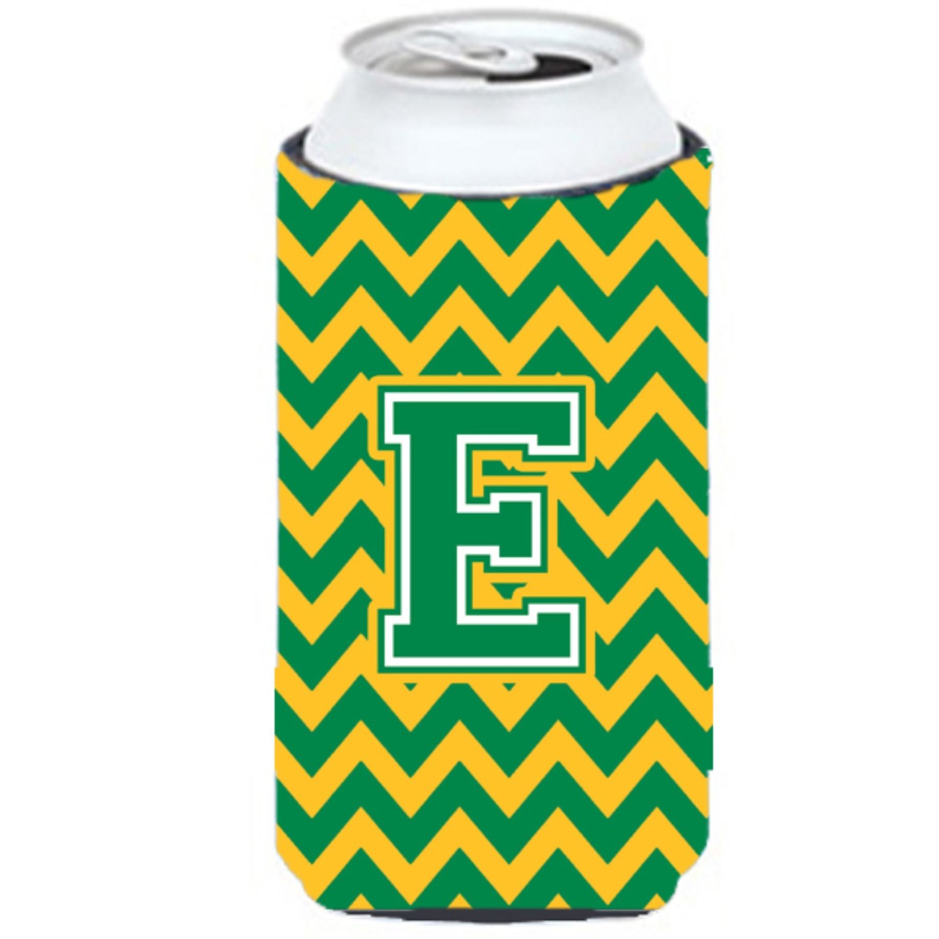 Letter E Chevron Green and Gold Tall Boy Beverage Insulator Hugger CJ1059-ETBC