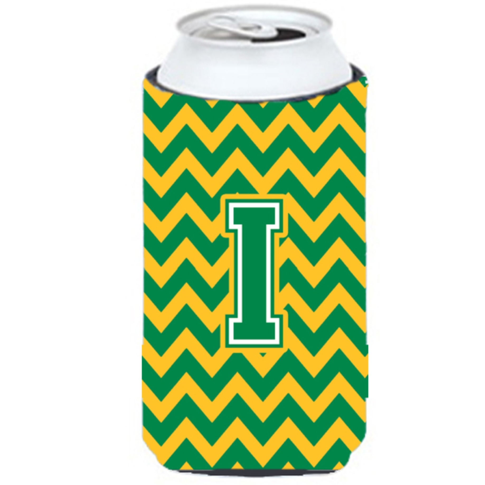 Letter I Chevron Green and Gold Tall Boy Beverage Insulator Hugger CJ1059-ITBC