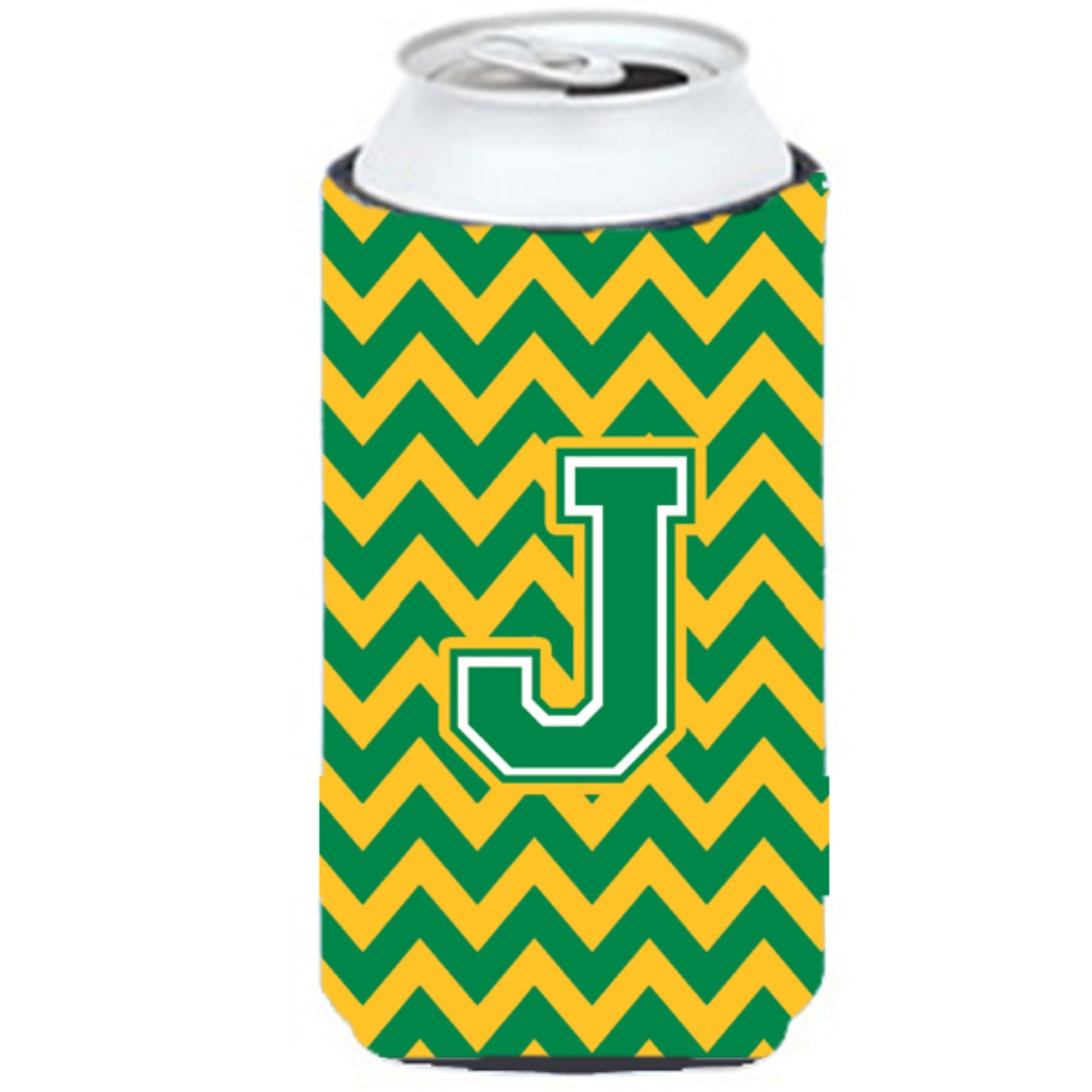 Letter J Chevron Green and Gold Tall Boy Beverage Insulator Hugger CJ1059-JTBC