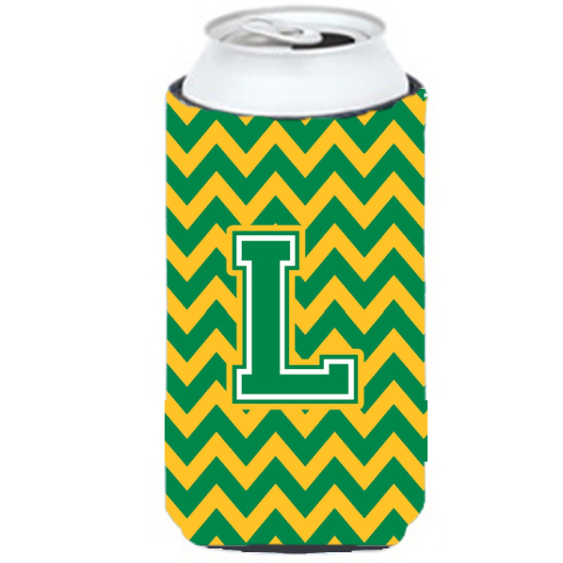 Letter L Chevron Green and Gold Tall Boy Beverage Insulator Hugger CJ1059-LTBC