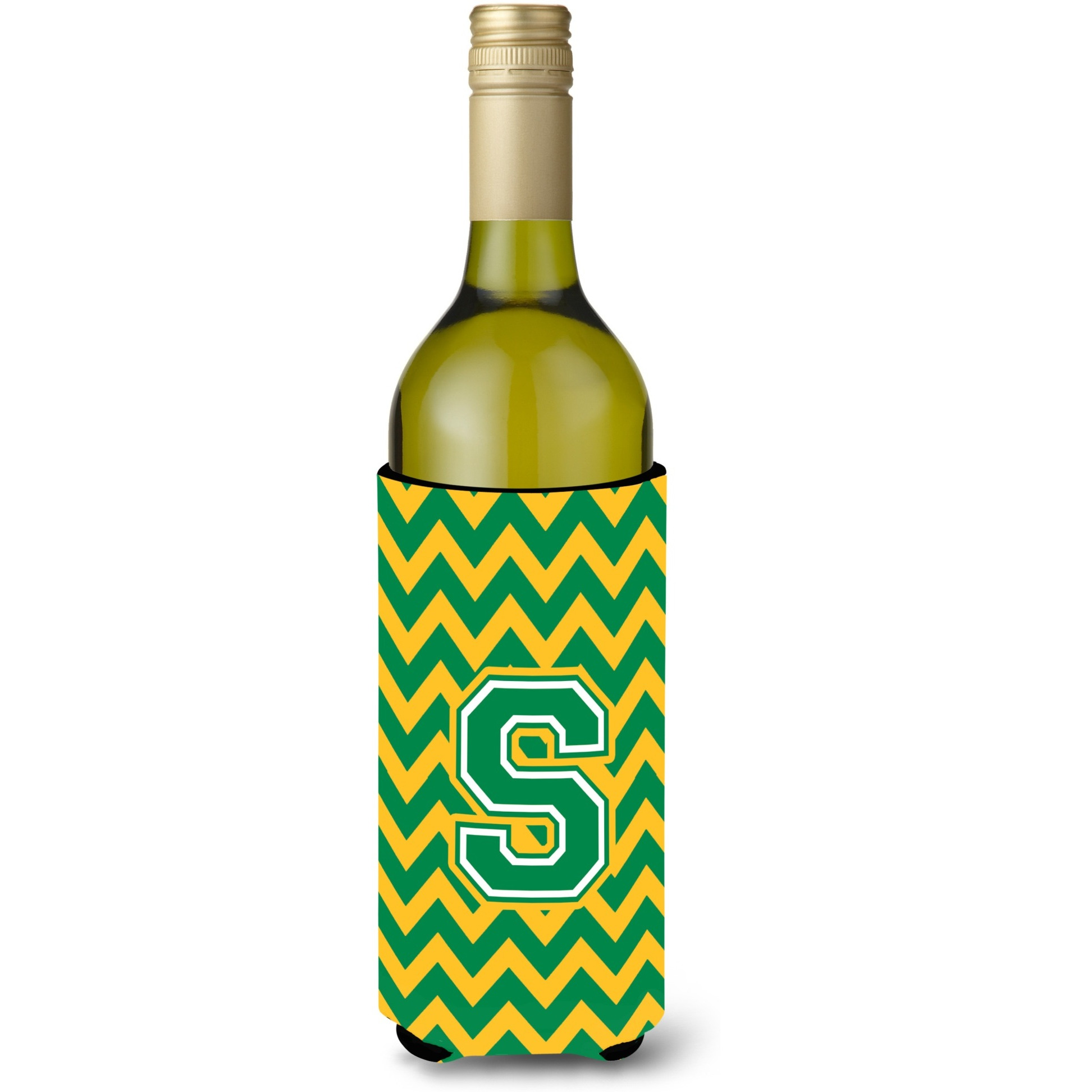 Letter S Chevron Green and Gold Wine Bottle Beverage Insulator Hugger CJ1059-SLITERK