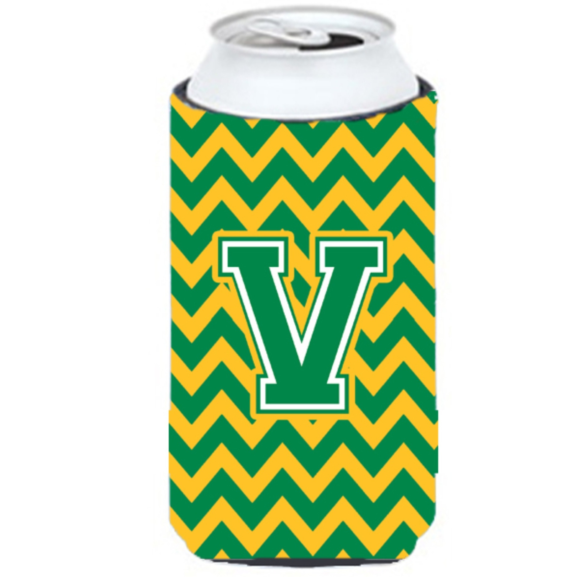 Letter V Chevron Green and Gold Tall Boy Beverage Insulator Hugger CJ1059-VTBC