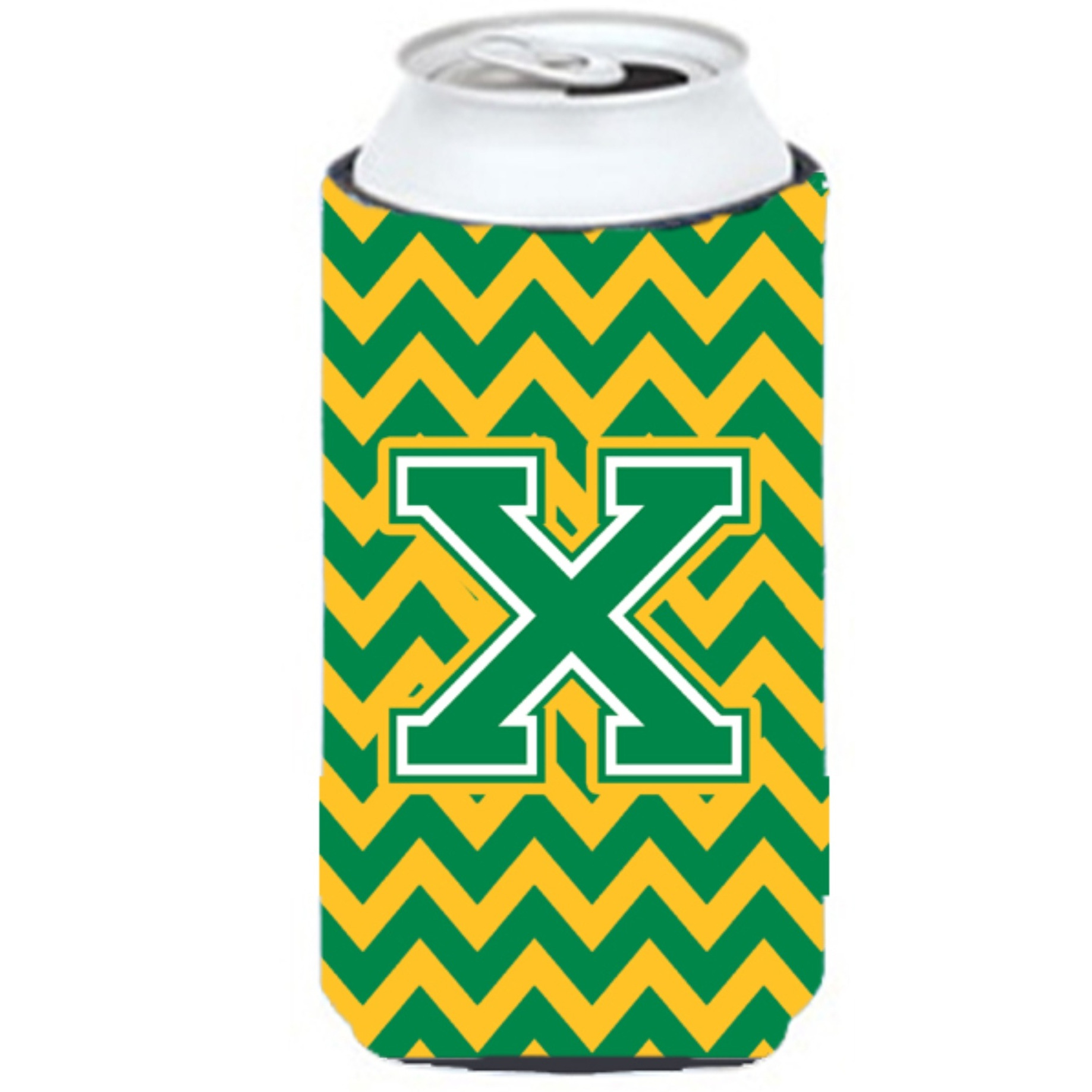Letter X Chevron Green and Gold Tall Boy Beverage Insulator Hugger CJ1059-XTBC