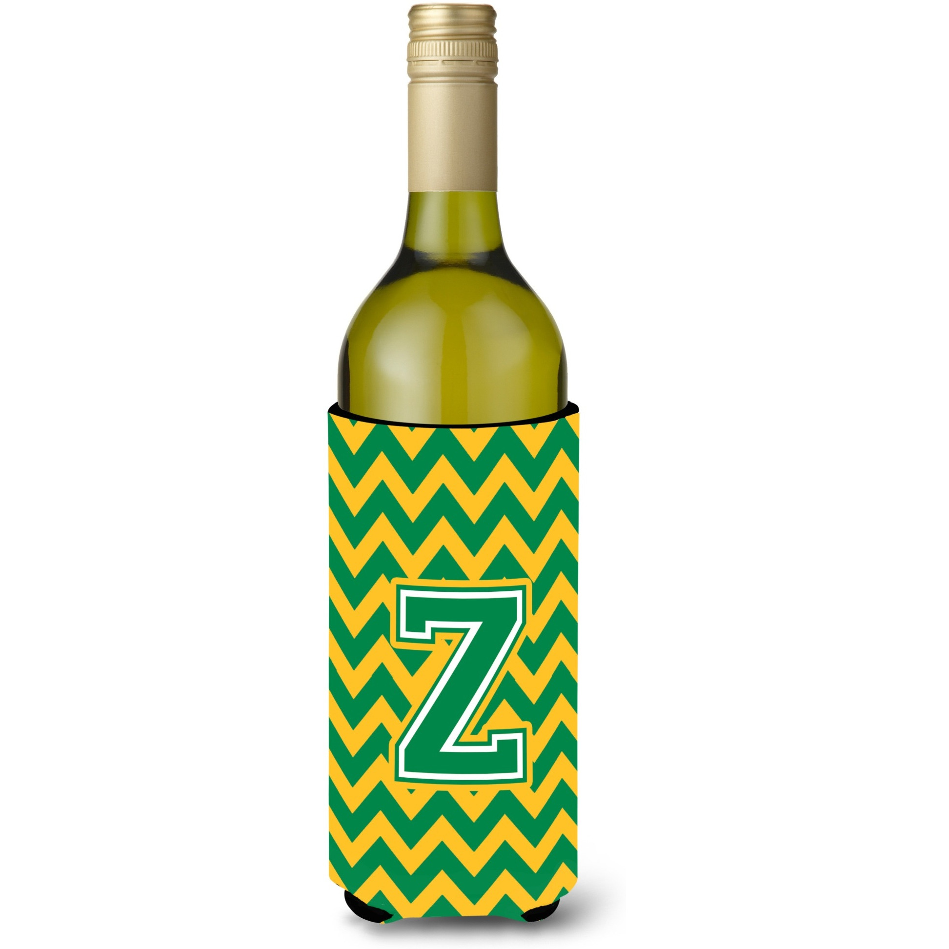 Letter Z Chevron Green and Gold Wine Bottle Beverage Insulator Hugger CJ1059-ZLITERK