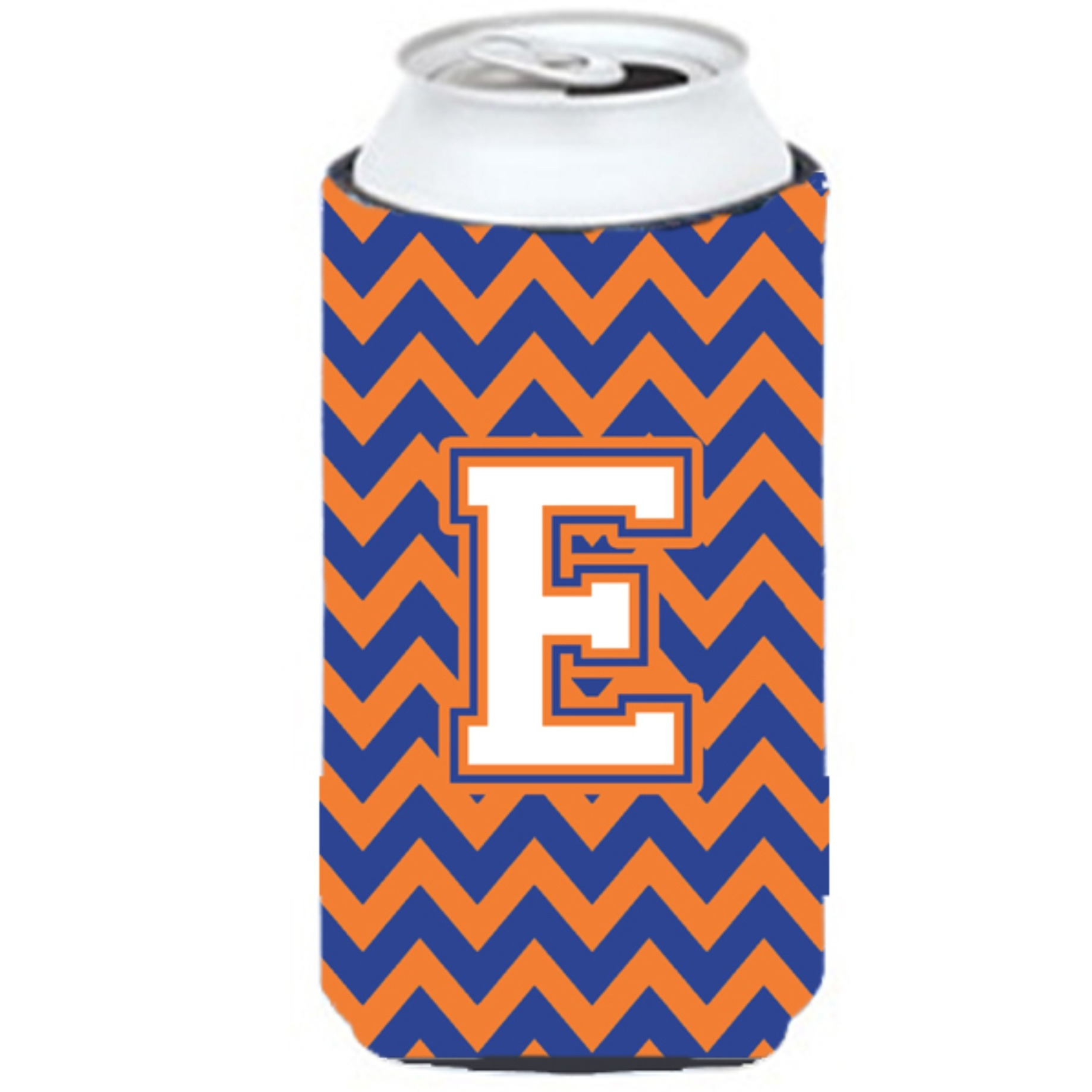 Letter E Chevron Blue and Orange Tall Boy Beverage Insulator Hugger CJ1060-ETBC