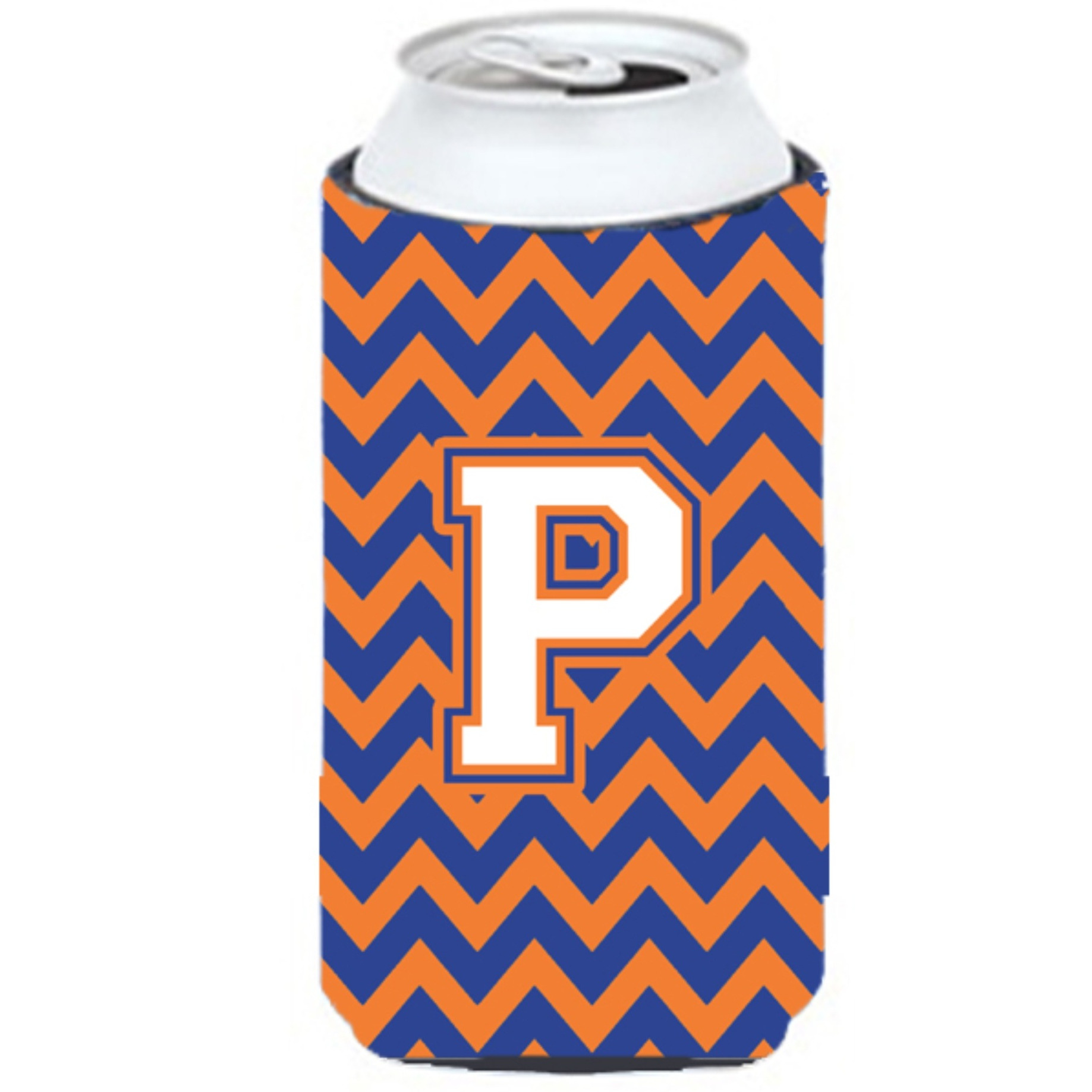 Letter P Chevron Blue and Orange Tall Boy Beverage Insulator Hugger CJ1060-PTBC