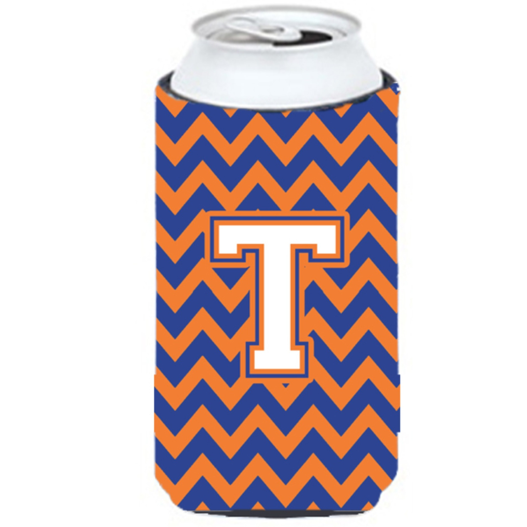 Letter T Chevron Blue and Orange Tall Boy Beverage Insulator Hugger CJ1060-TTBC
