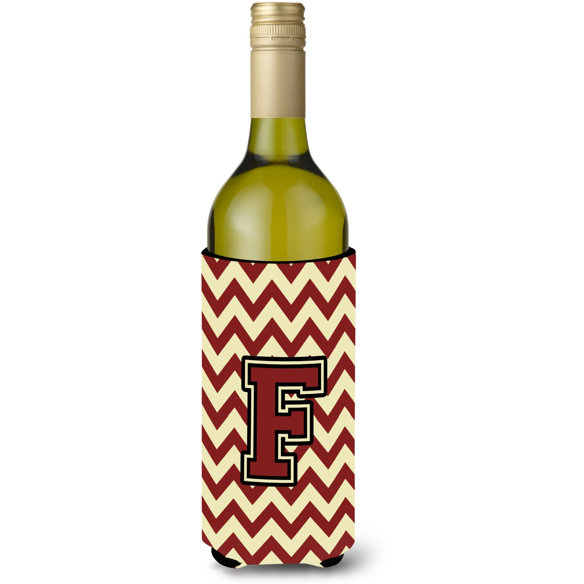 Letter F Chevron Maroon and Gold Wine Bottle Beverage Insulator Hugger CJ1061-FLITERK
