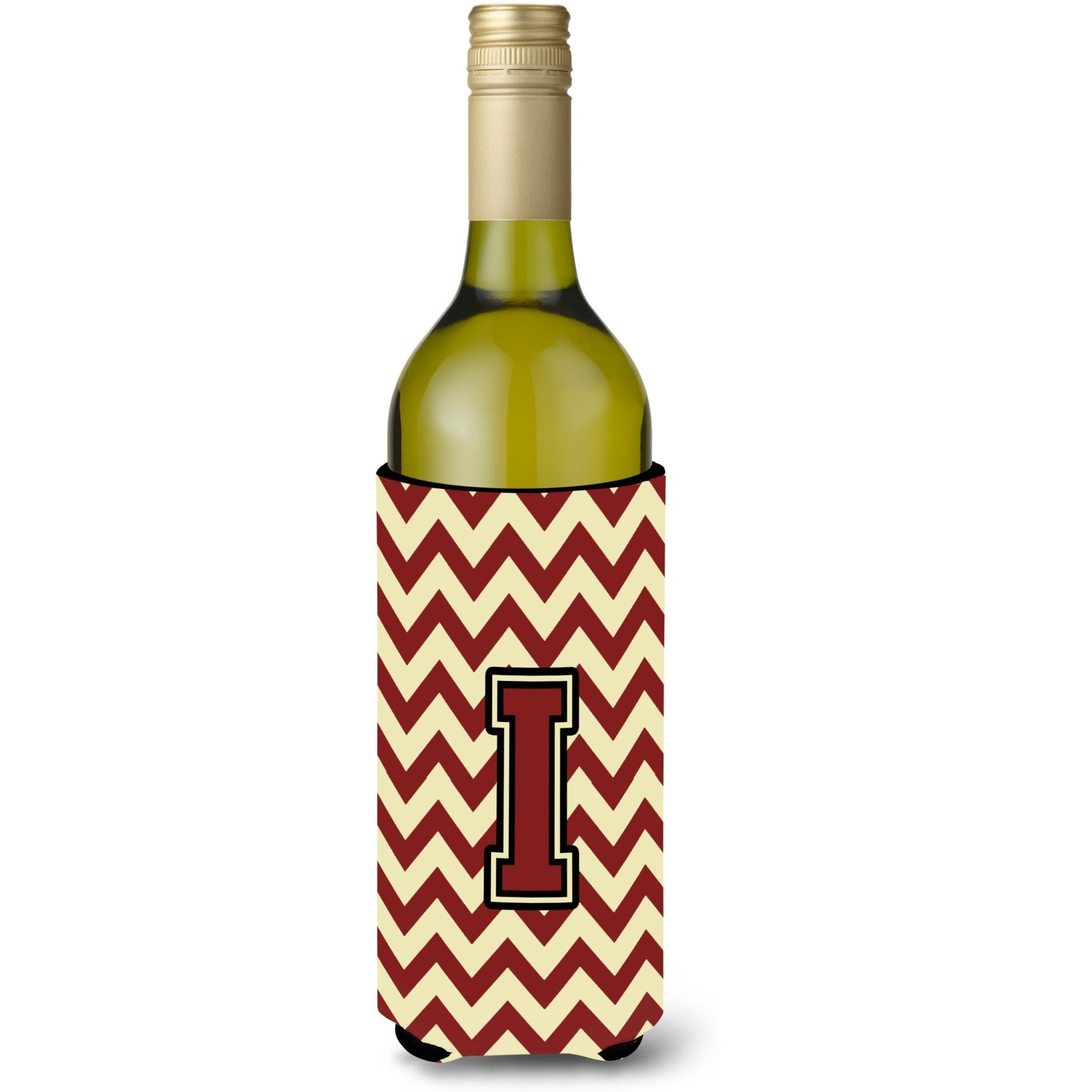 Letter I Chevron Maroon and Gold Wine Bottle Beverage Insulator Hugger CJ1061-ILITERK