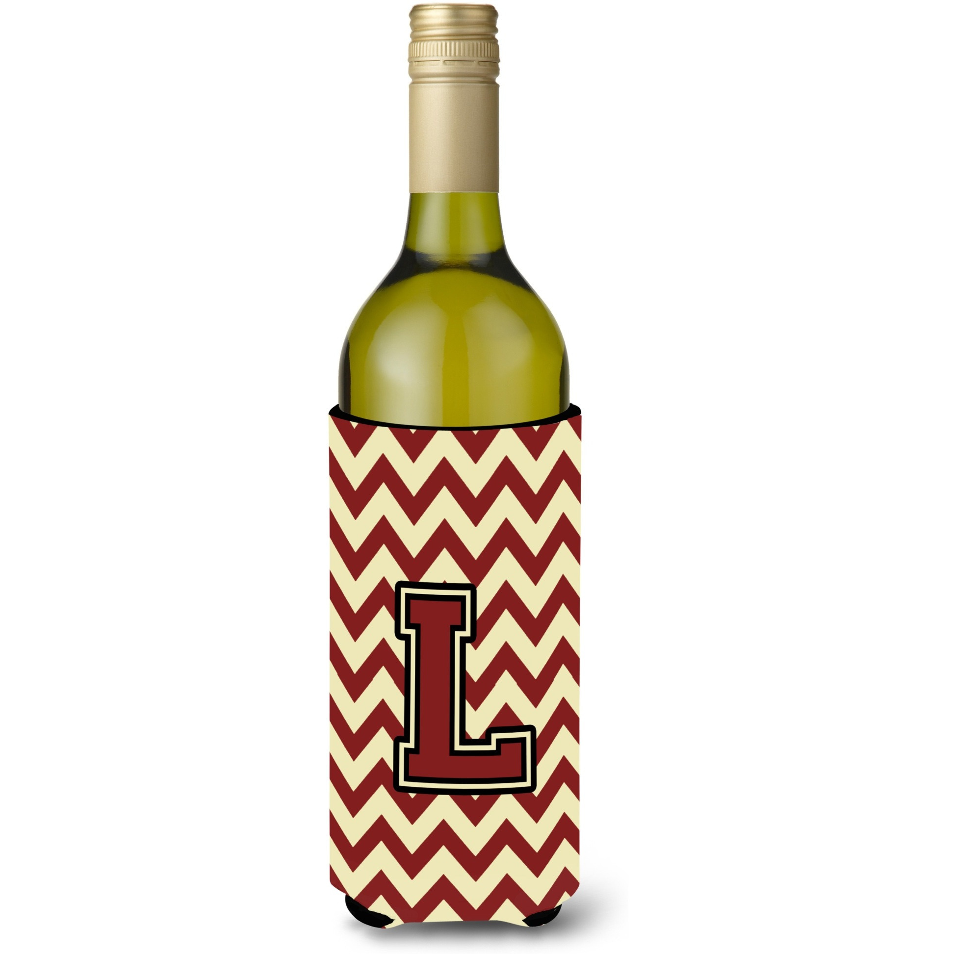 Letter L Chevron Maroon and Gold Wine Bottle Beverage Insulator Hugger CJ1061-LLITERK