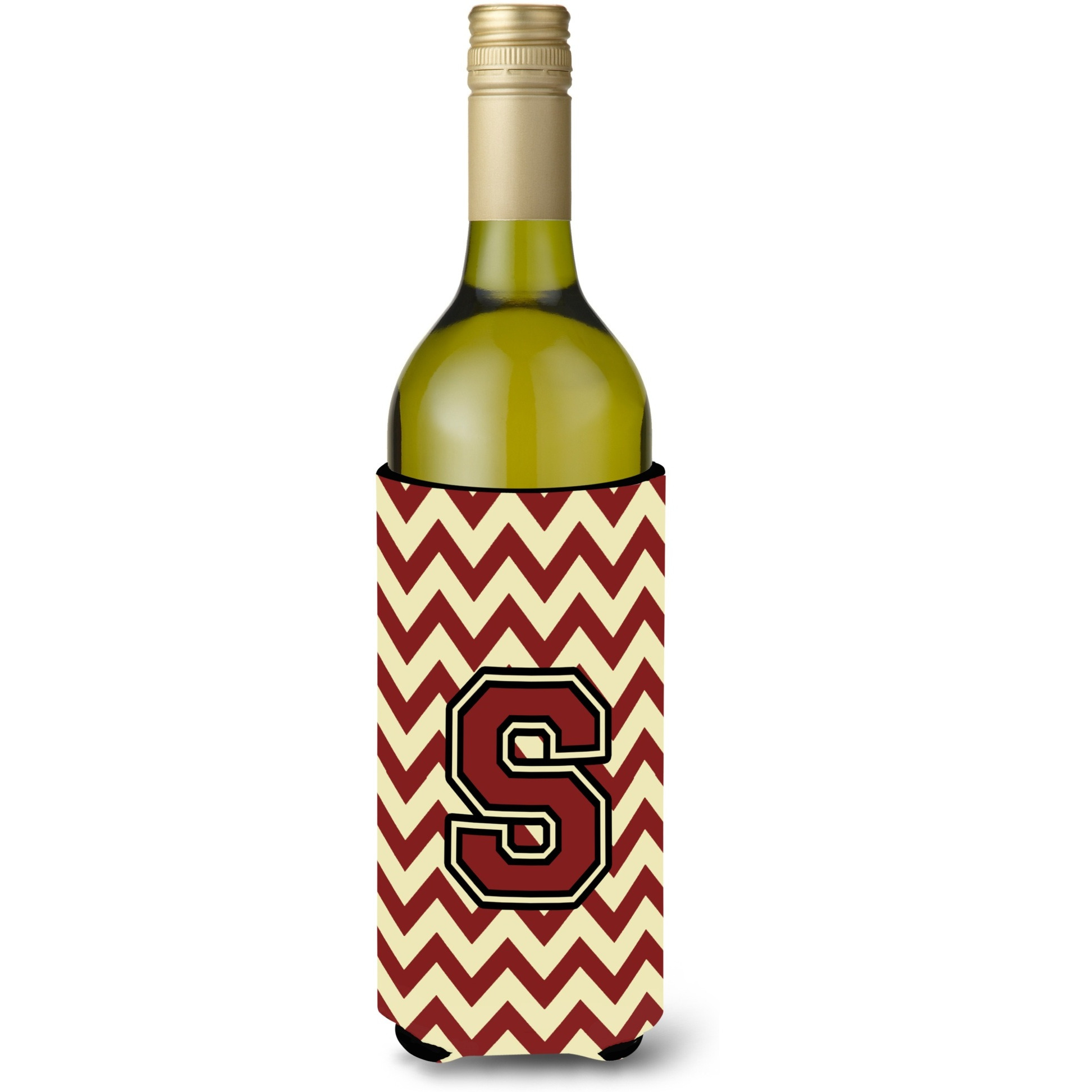 Letter S Chevron Maroon and Gold Wine Bottle Beverage Insulator Hugger CJ1061-SLITERK