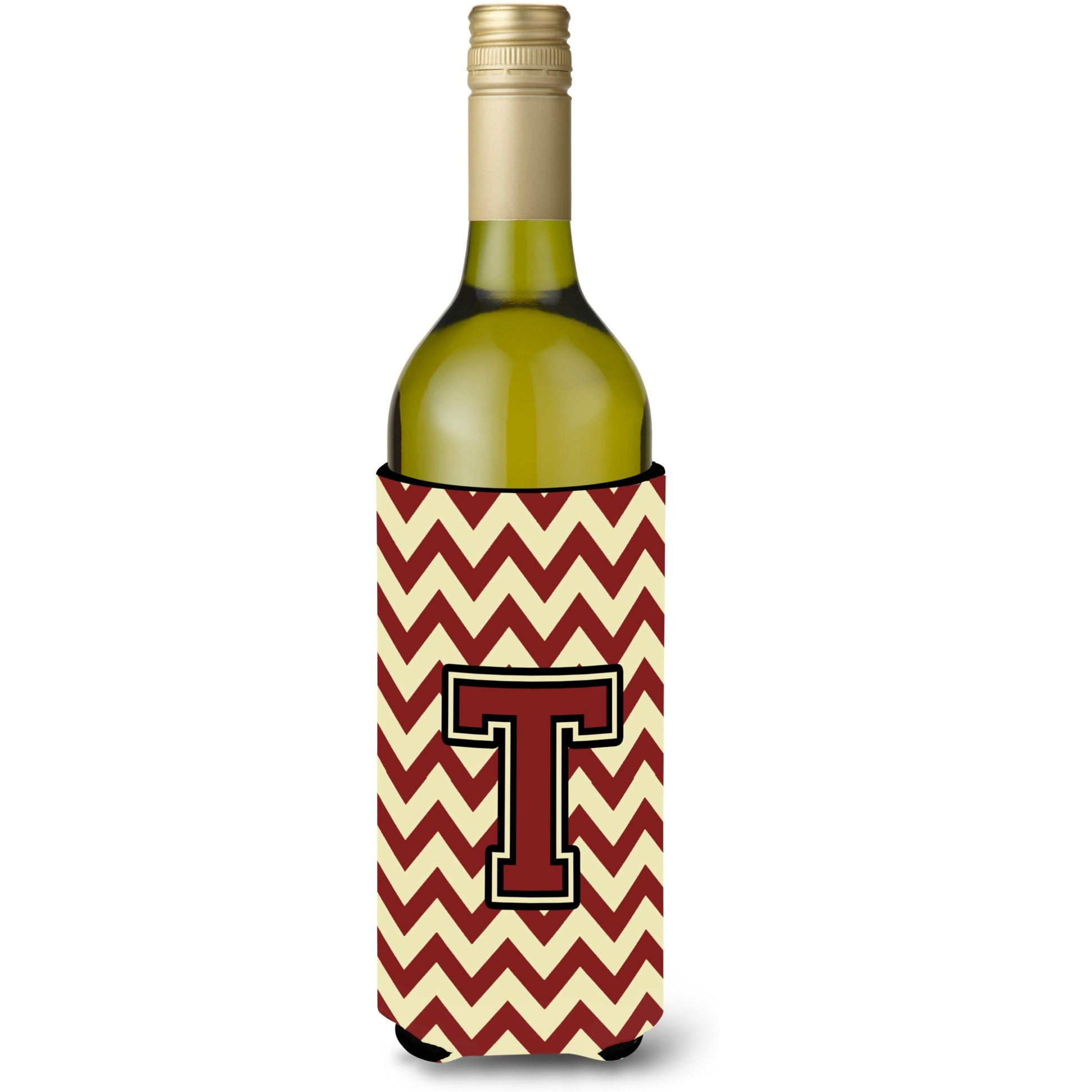 Letter T Chevron Maroon and Gold Wine Bottle Beverage Insulator Hugger CJ1061-TLITERK