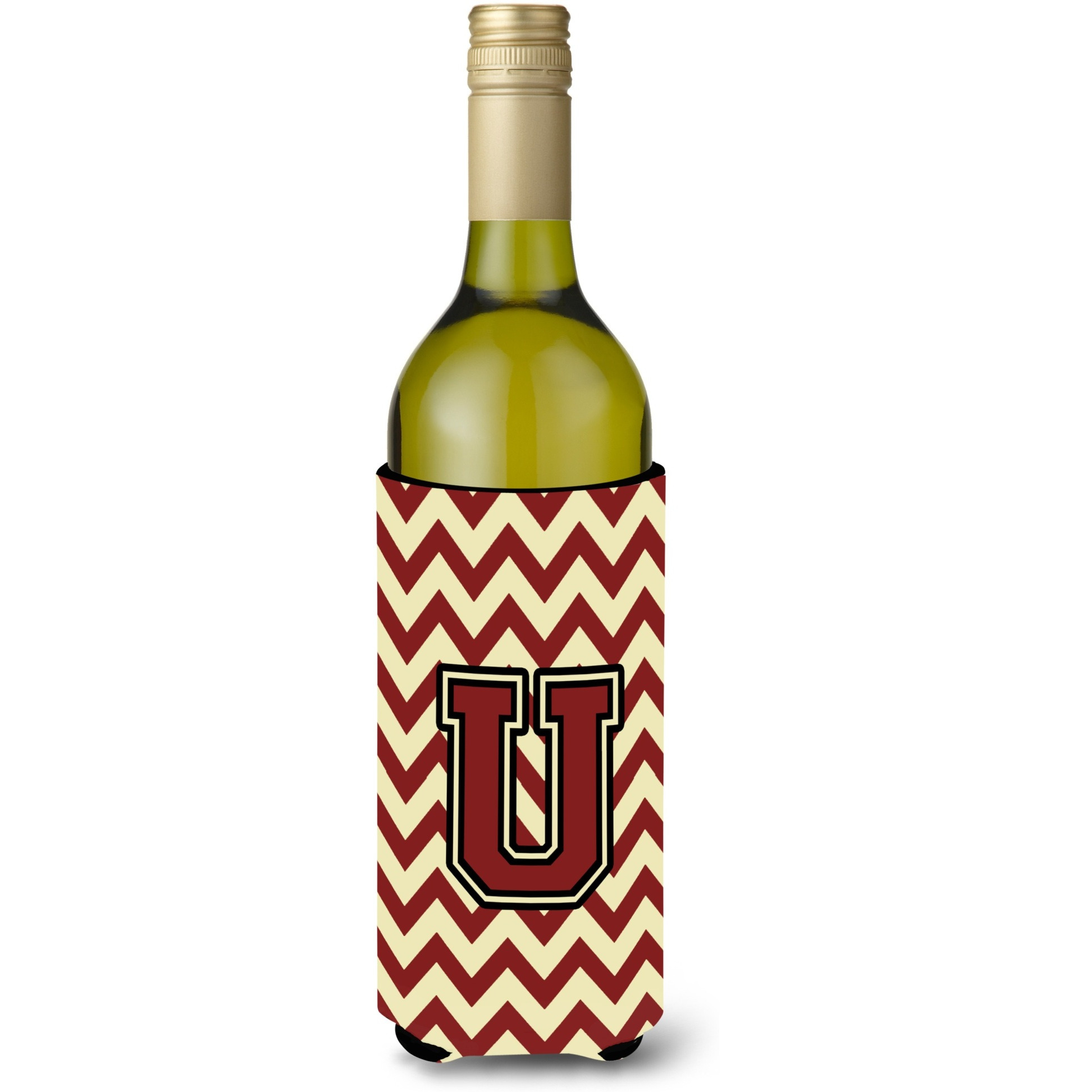 Letter U Chevron Maroon and Gold Wine Bottle Beverage Insulator Hugger CJ1061-ULITERK