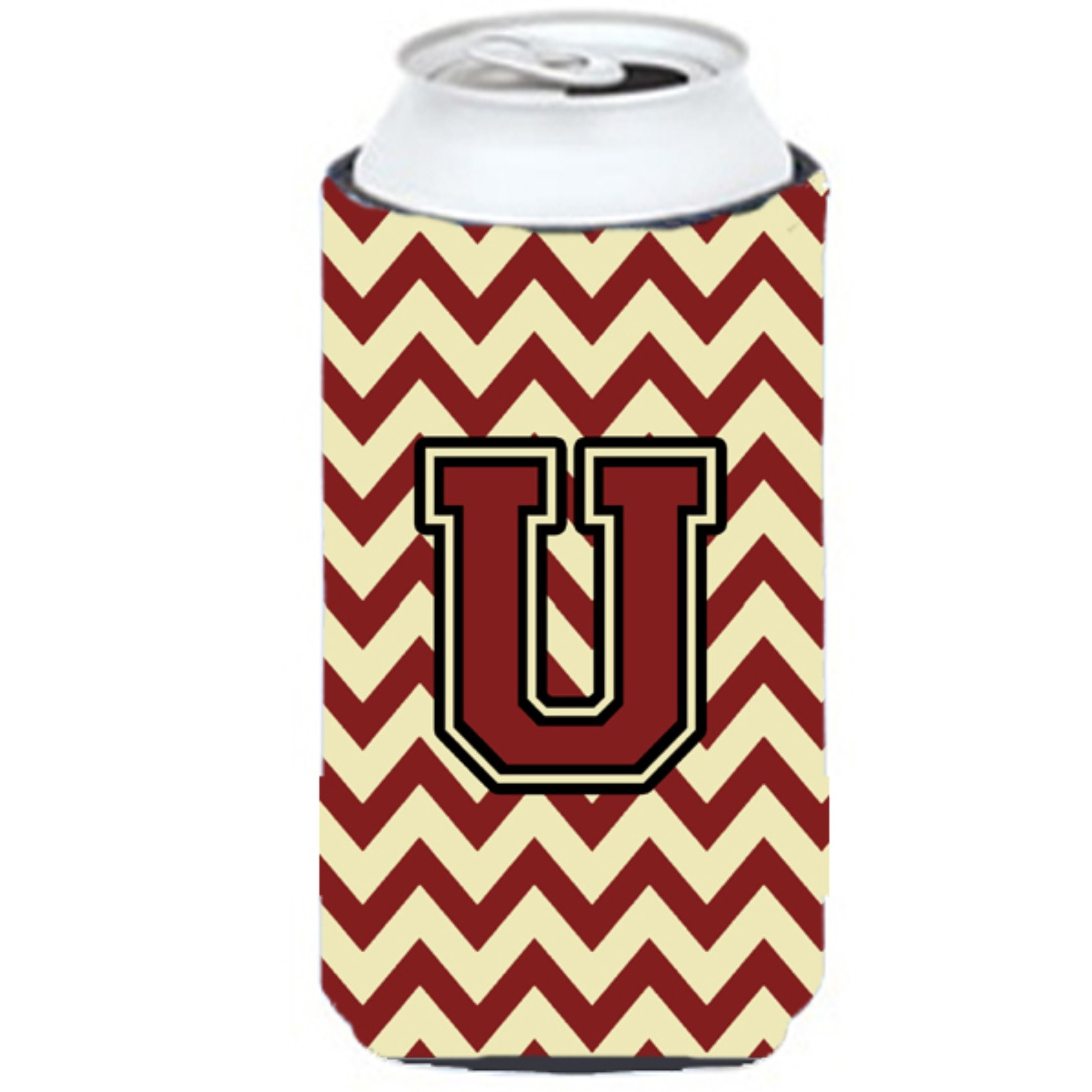 Letter U Chevron Maroon and Gold Tall Boy Beverage Insulator Hugger CJ1061-UTBC