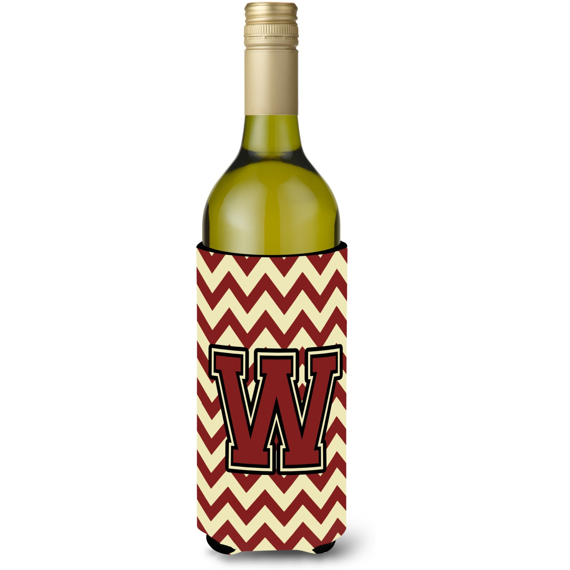 Letter W Chevron Maroon and Gold Wine Bottle Beverage Insulator Hugger CJ1061-WLITERK