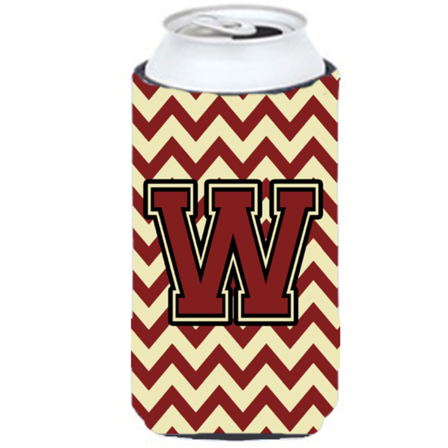Letter W Chevron Maroon and Gold Tall Boy Beverage Insulator Hugger CJ1061-WTBC