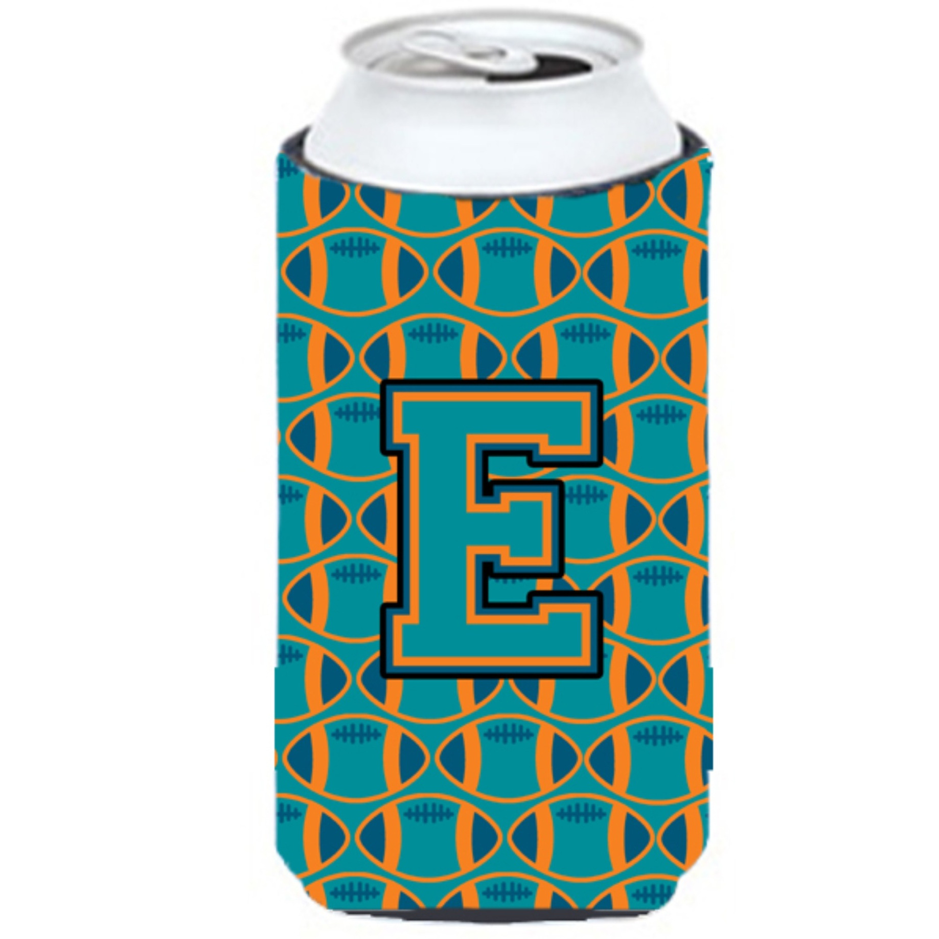 &quotLetter E Football Aqua, Orange and Marine Blue Tall Boy Beverage Insulator Hugger CJ1063-ETBC"