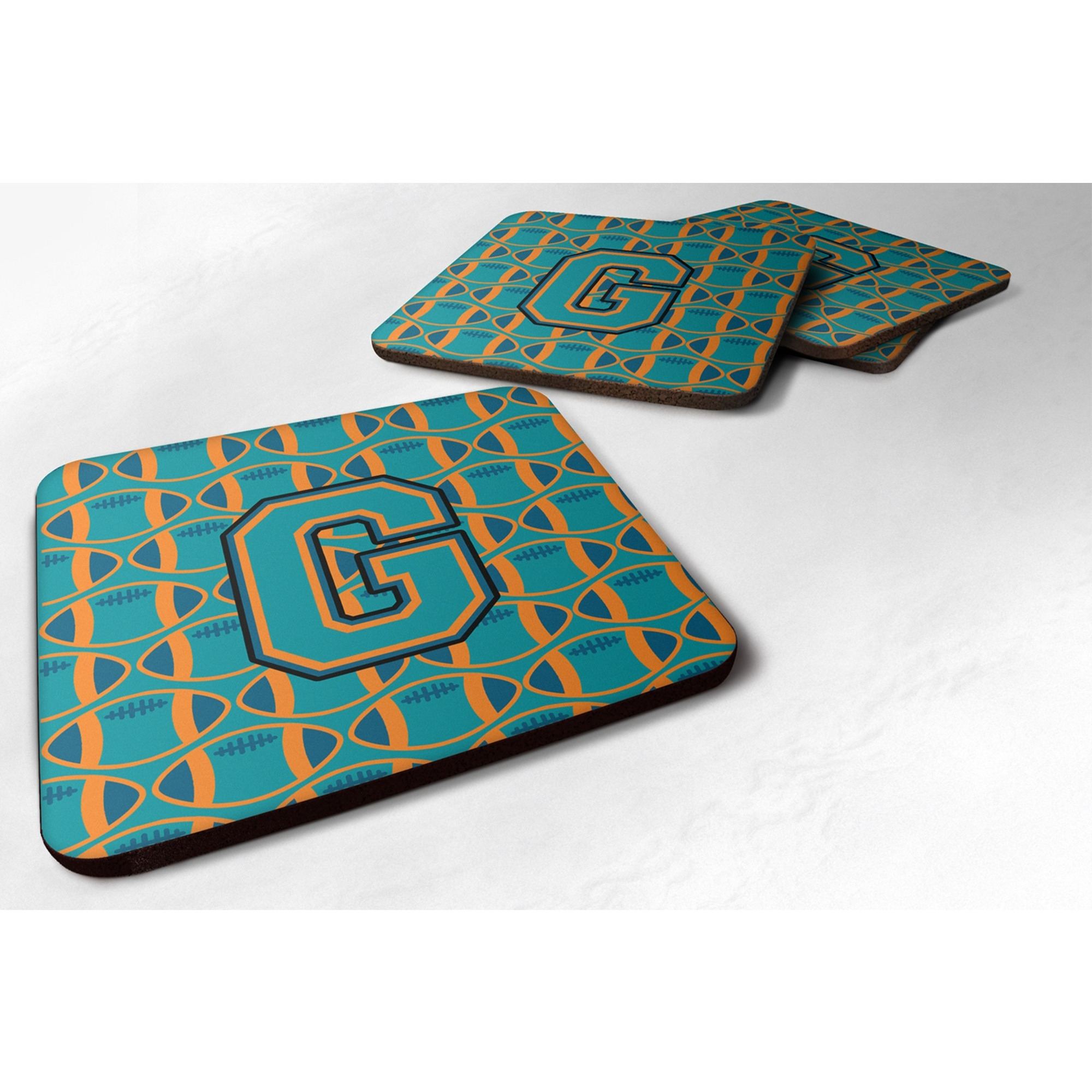 &quotCaroline's Treasures CJ1063-GFC Letter G Football Aqua, Orange and Marine Blue Foam Coaster (Set of 4), 3.5"", Multicolor"