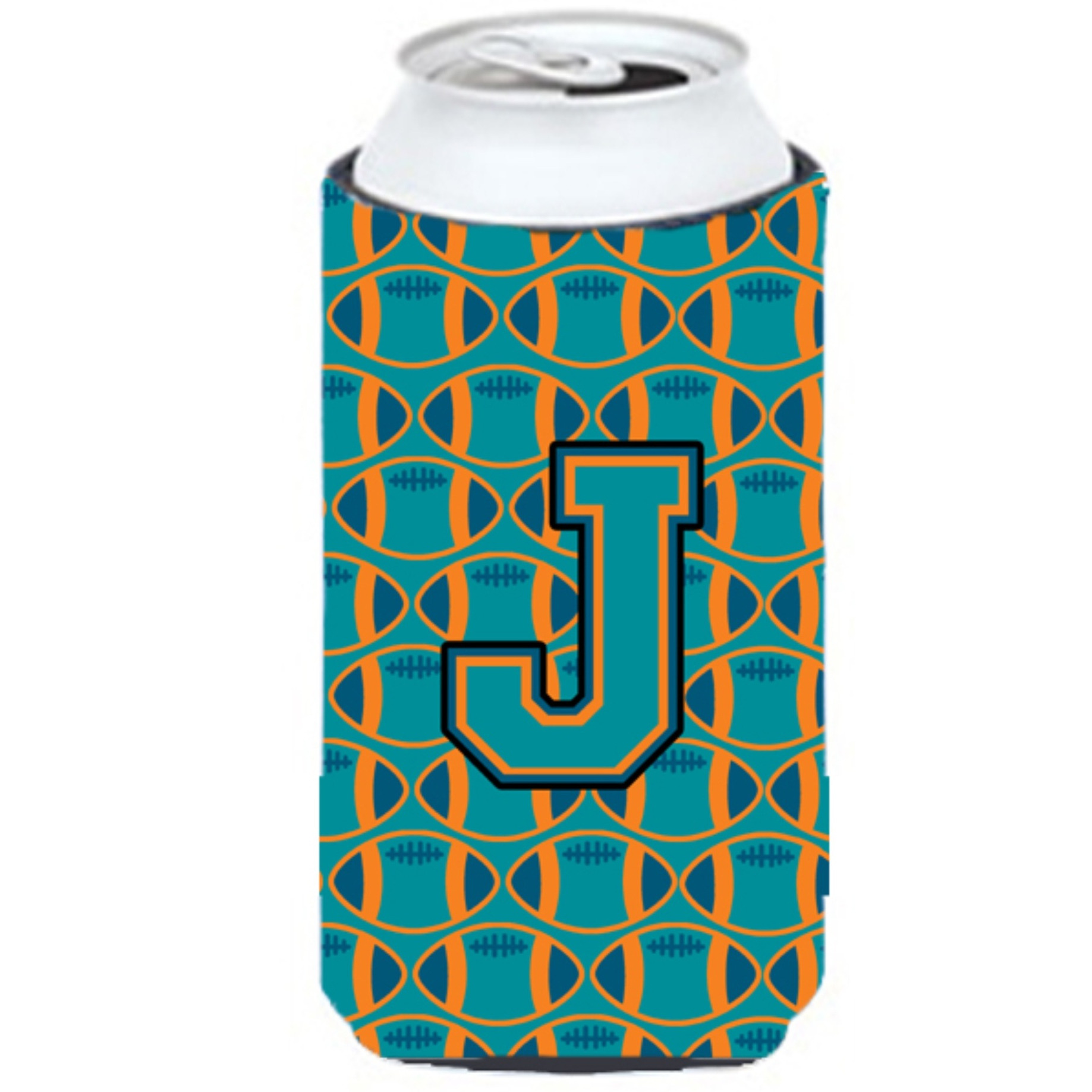 &quotLetter J Football Aqua, Orange and Marine Blue Tall Boy Beverage Insulator Hugger CJ1063-JTBC"