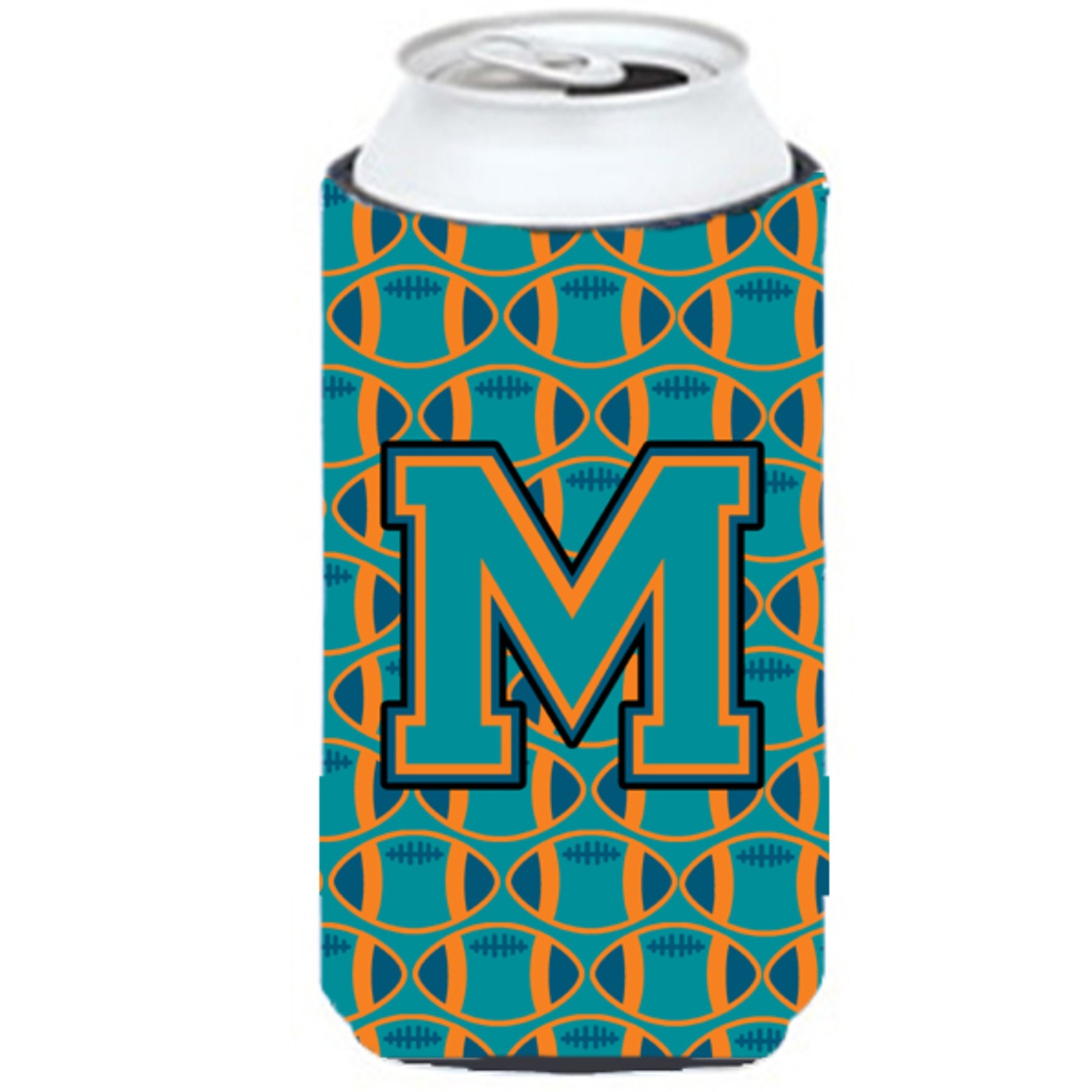 &quotLetter M Football Aqua, Orange and Marine Blue Tall Boy Beverage Insulator Hugger CJ1063-MTBC"