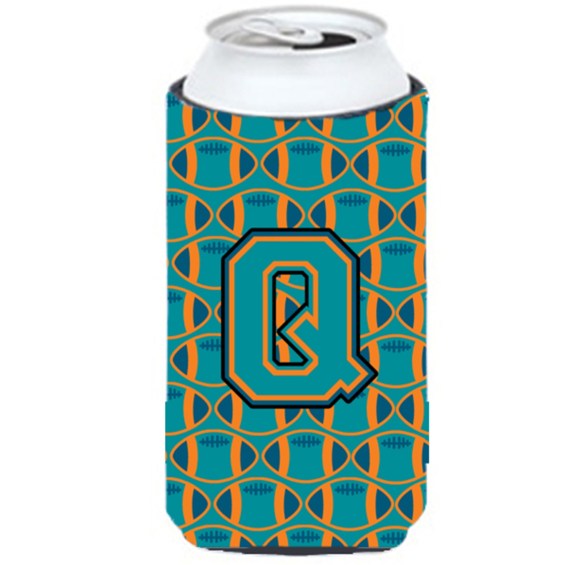 &quotLetter Q Football Aqua, Orange and Marine Blue Tall Boy Beverage Insulator Hugger CJ1063-QTBC"