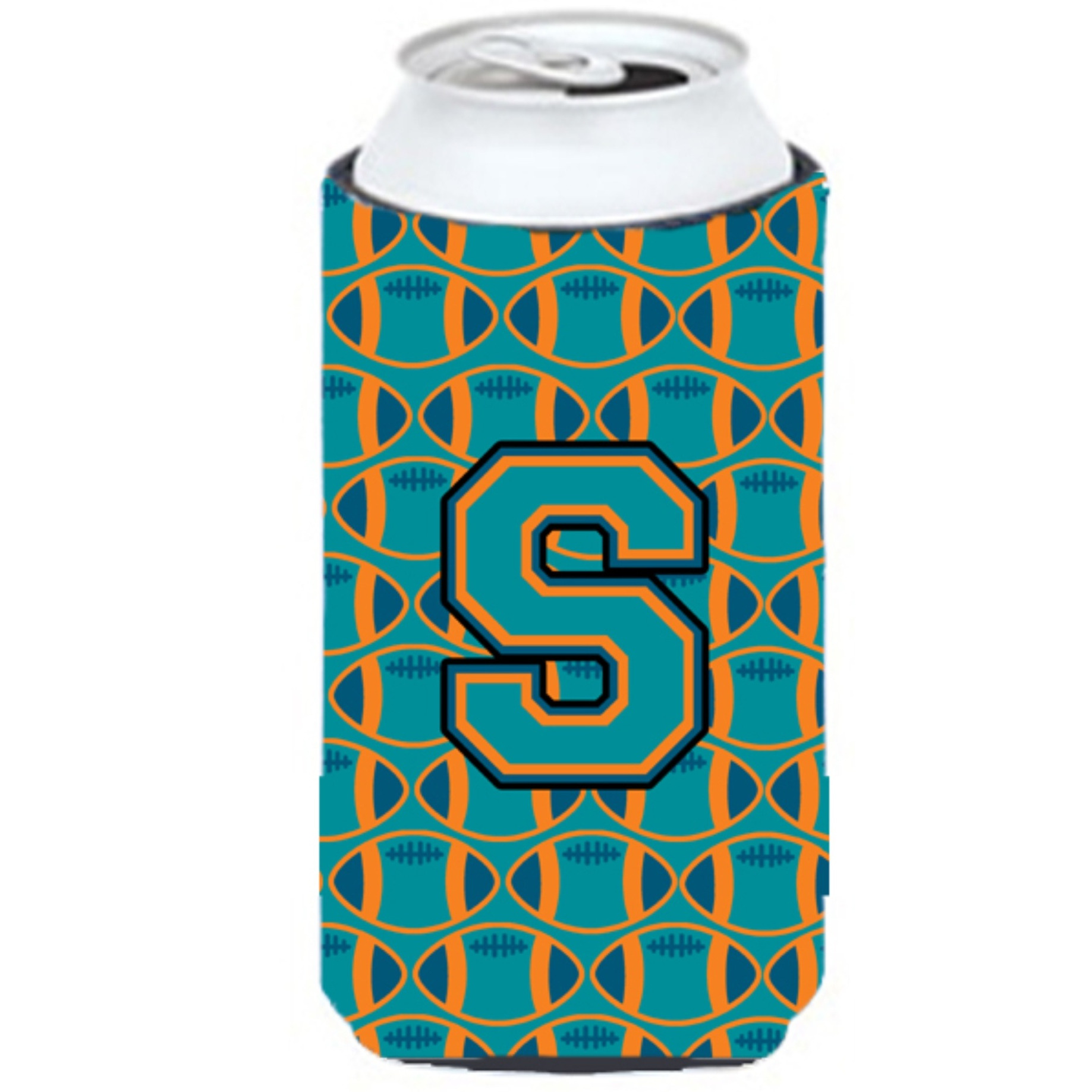 &quotLetter S Football Aqua, Orange and Marine Blue Tall Boy Beverage Insulator Hugger CJ1063-STBC"