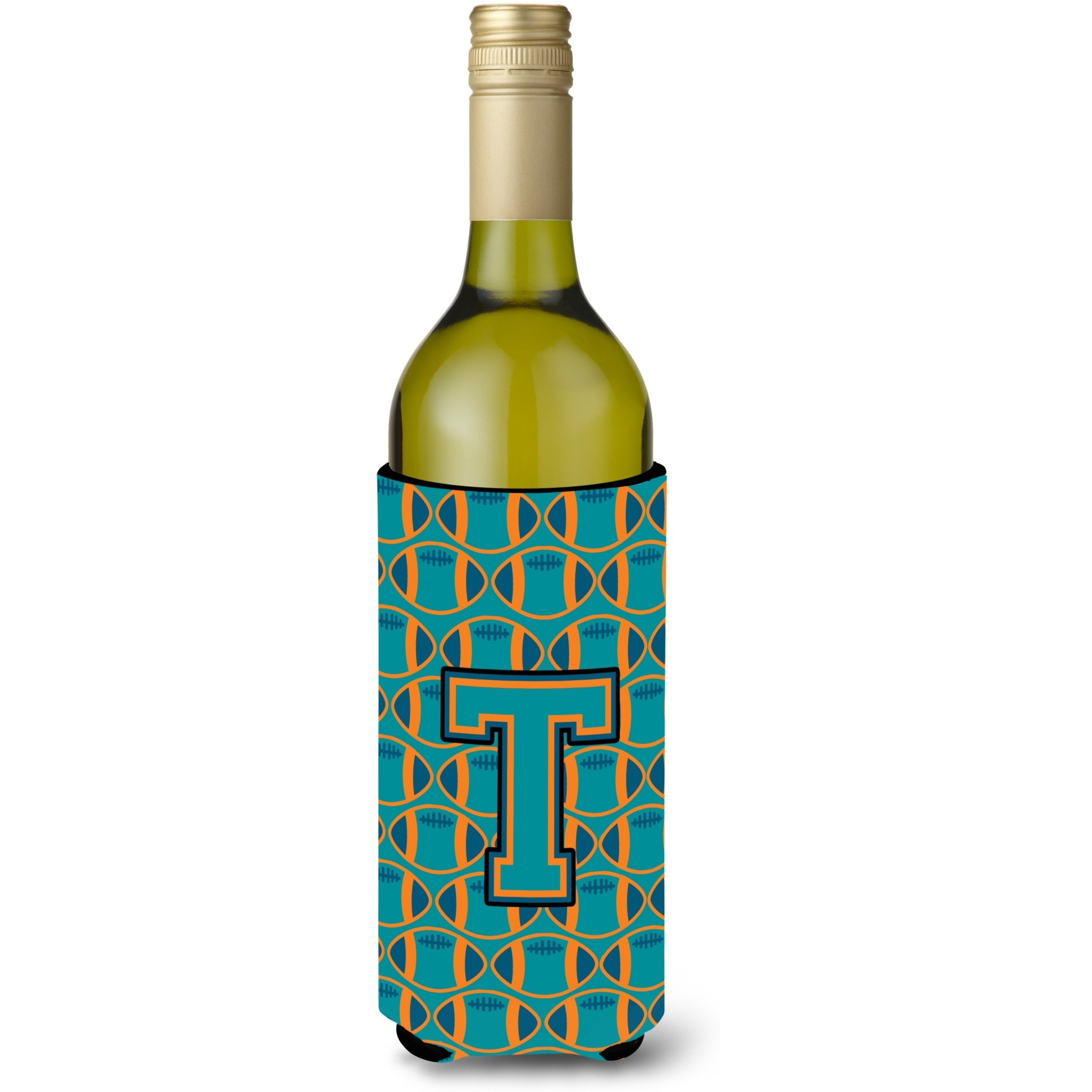 &quotLetter T Football Aqua, Orange and Marine Blue Wine Bottle Beverage Insulator Hugger CJ1063-TLITERK"