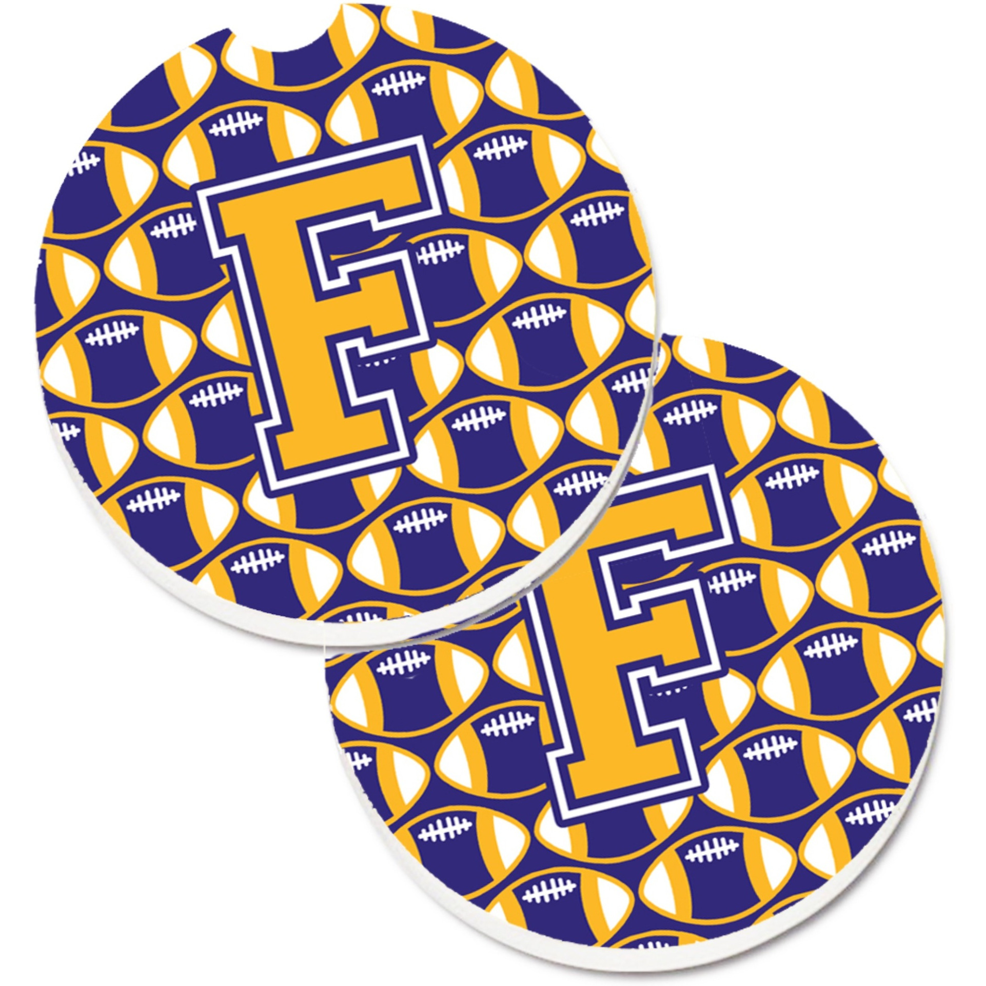 &quotCaroline's Treasures Letter F Football Purple & Gold Set of 2 Cup Holder Car Coasters CJ1064-FCARC, 2.56, Multicolor"