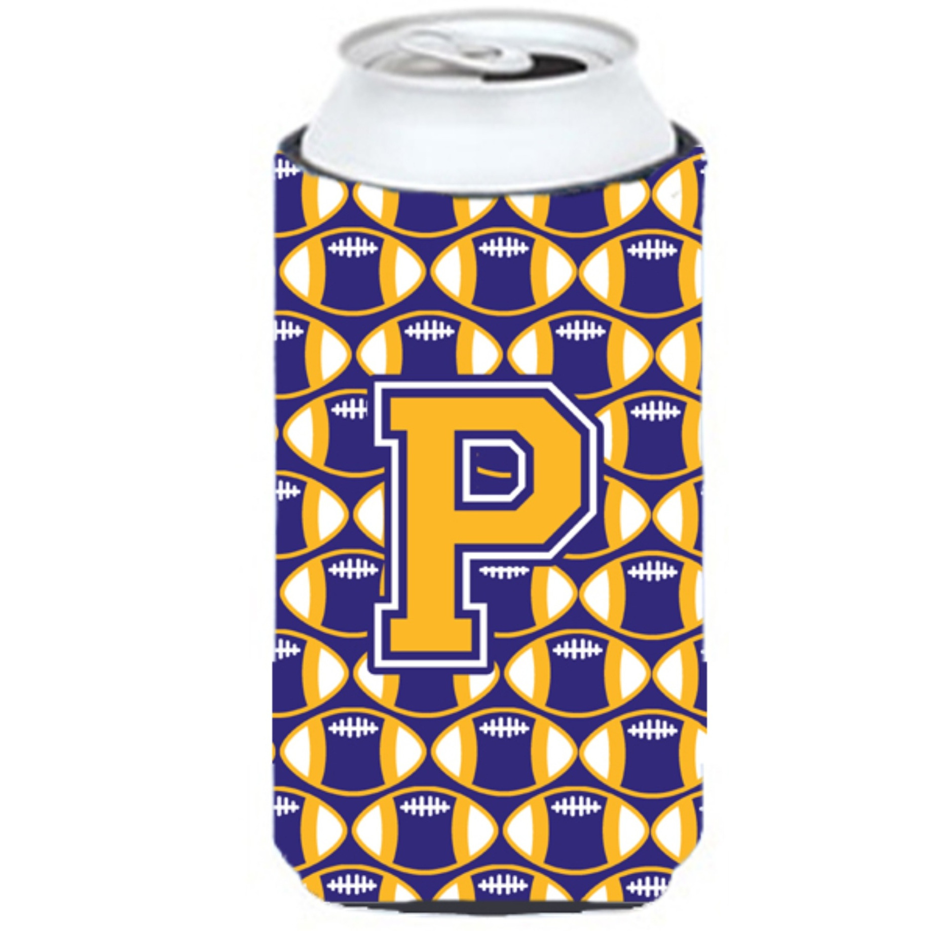 Letter P Football Purple and Gold Tall Boy Beverage Insulator Hugger CJ1064-PTBC