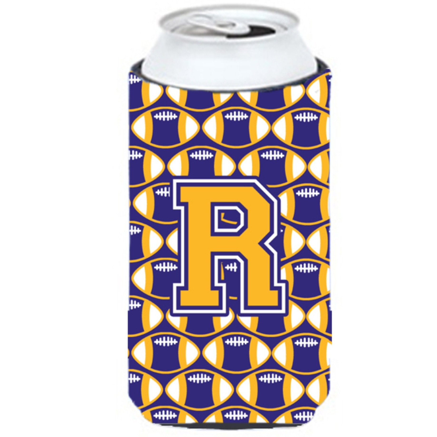 Letter R Football Purple and Gold Tall Boy Beverage Insulator Hugger CJ1064-RTBC